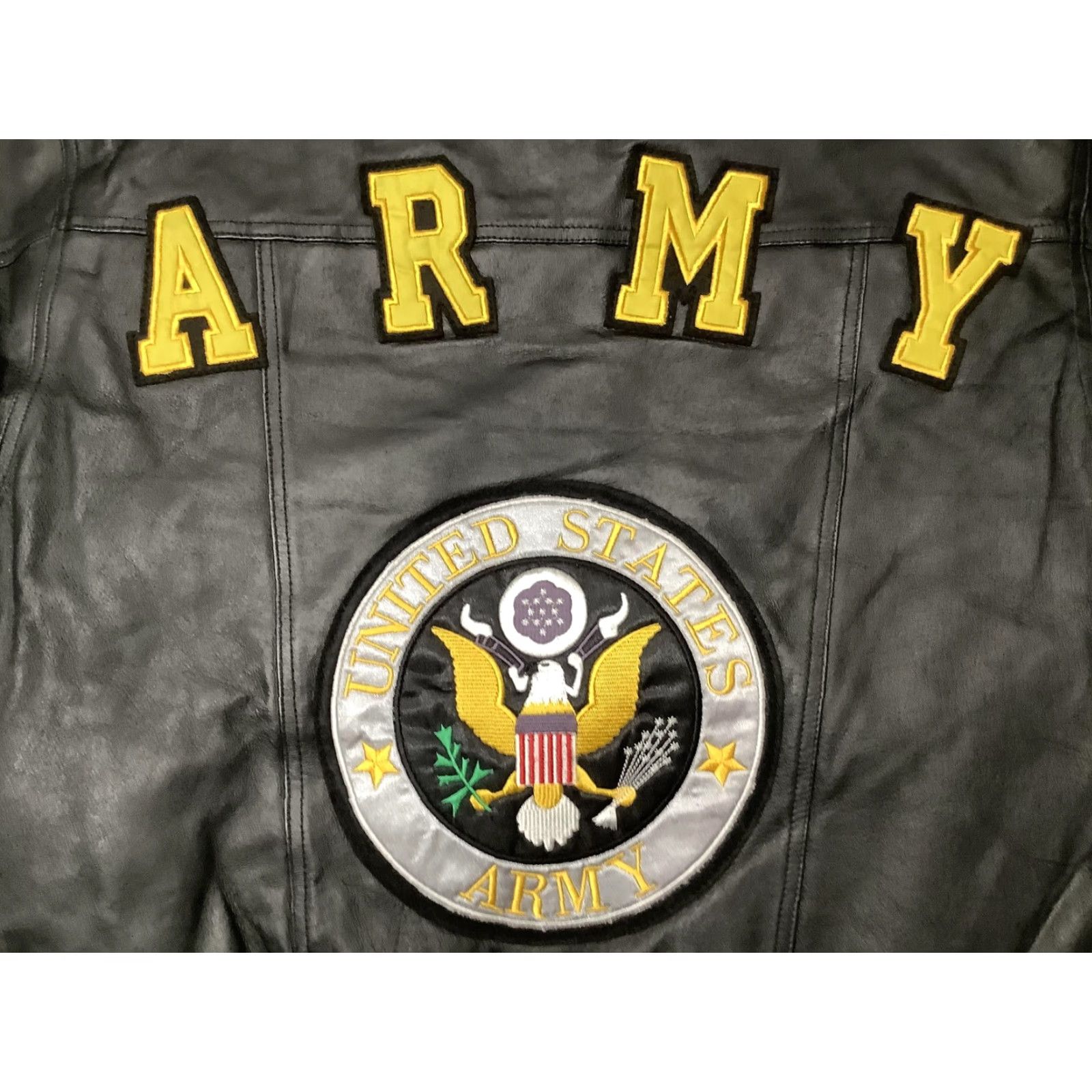Vintage Ferugini Bomber Jacket Mens Small Black Genuine Leather Back Patch US Army Embroidered Zipper Full Zip Lined Pockets Elastic Waist Army USA Theme Size US S / EU 44-46 / 1 - 2 Thumbnail