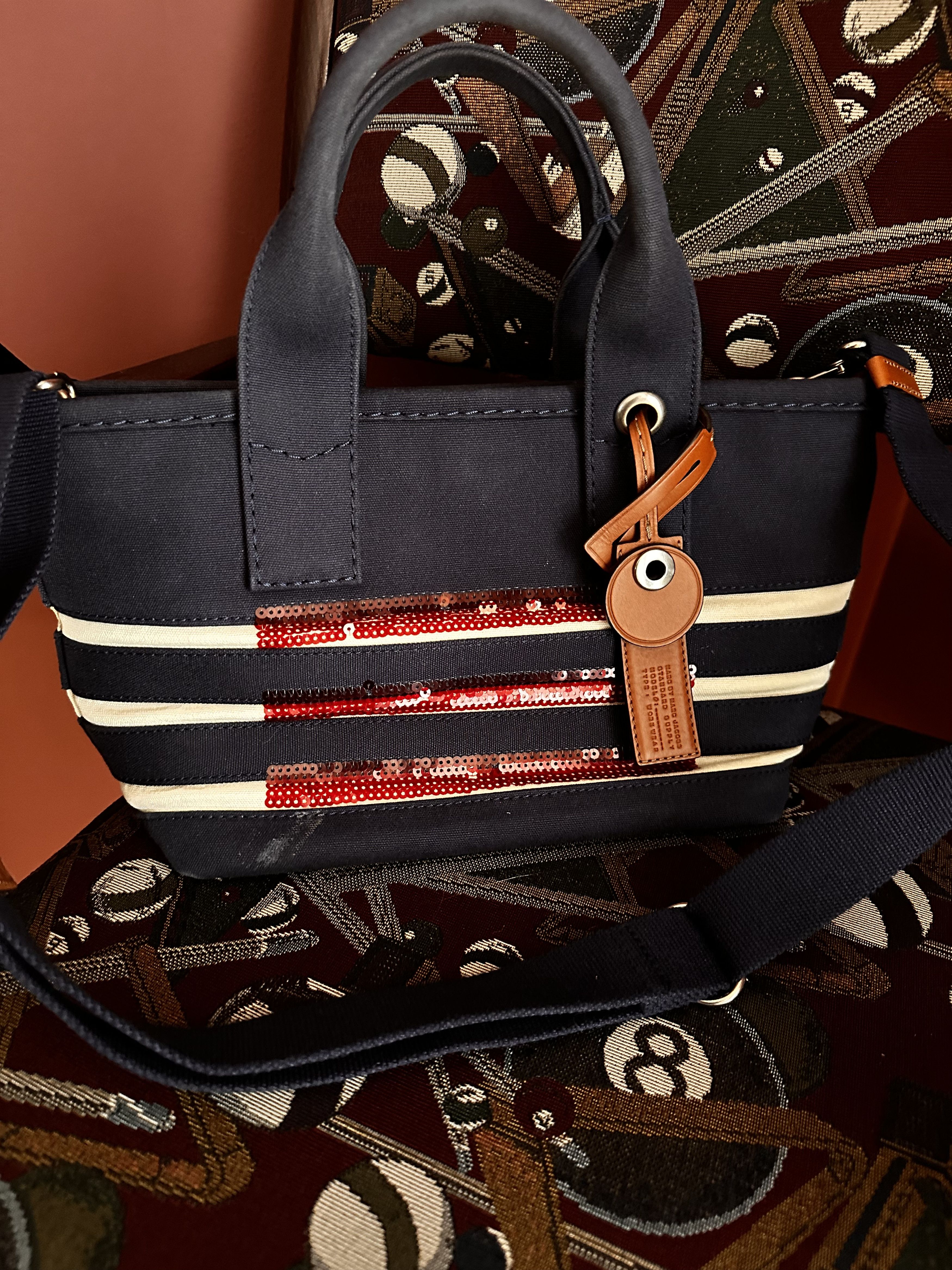 Marc Jacobs Striped Prussian Blue Sequins Canvas Tote Bag, Women's