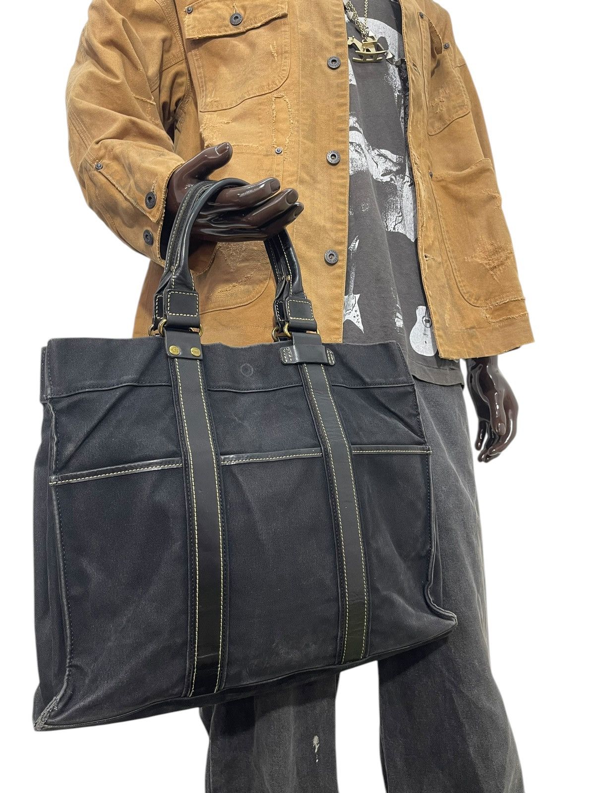 Genuine Leather Leather Cotton Duck Kinoshohampu Japan Faded Tote Bag 16 in Black, Men's