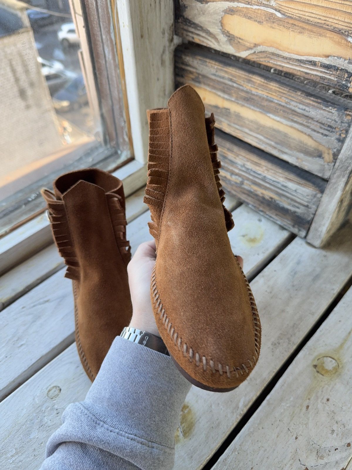 Vintage Vintage 00s Western USA Made Suede Fringe Moccasin Boots Size US 7 / IT 37 - 7 Thumbnail