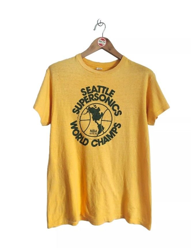 image of Hanes x Vintage Seattle Supersonics 1979 Champions T-Shirt in Yellow, Men's (Size Large)