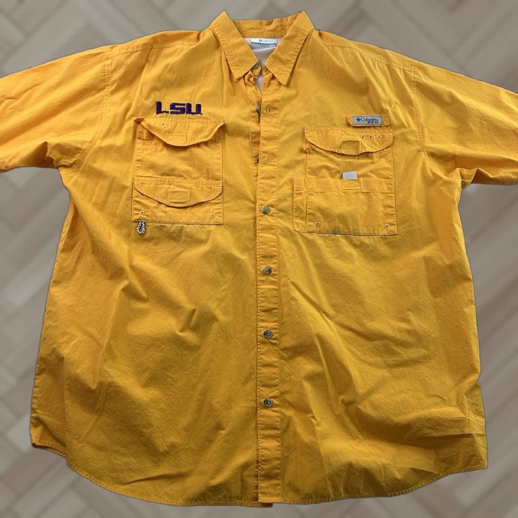 Vintage Columbia PFG LSU Short Sleeve Button Up Shirt Men's XL Yellow Size US XL / EU 56 / 4 - 1 Thumbnail