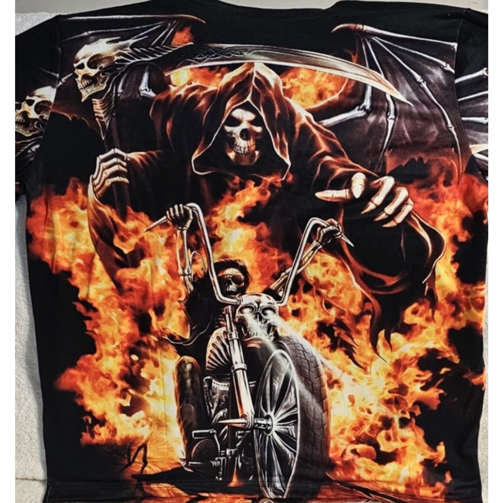 Vintage GRIM REAPER SCYTHE MOTORCYCLE BIKER FIRE FLAMES SKULL T-SHIRT Size US L / EU 52-54 / 3 - 4 Thumbnail