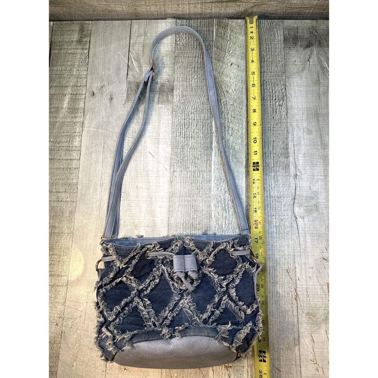 Denime Y2K Denim Patchwork Shoulder Bag Purse Distressed Drawstring Womens Bag Size ONE SIZE - 2 Thumbnail