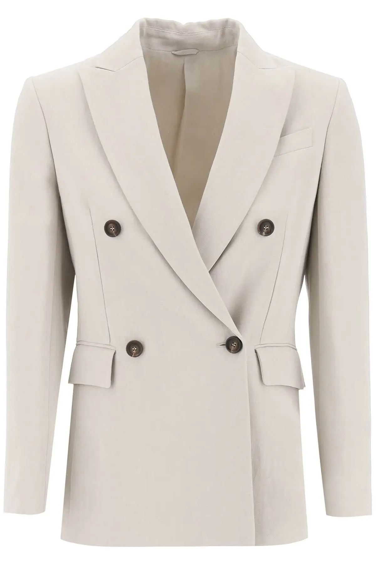 image of Brunello Cucinelli O1S22I1N0424 Double-Breasted Twill Jacket In Beige, Women's (Size XS)