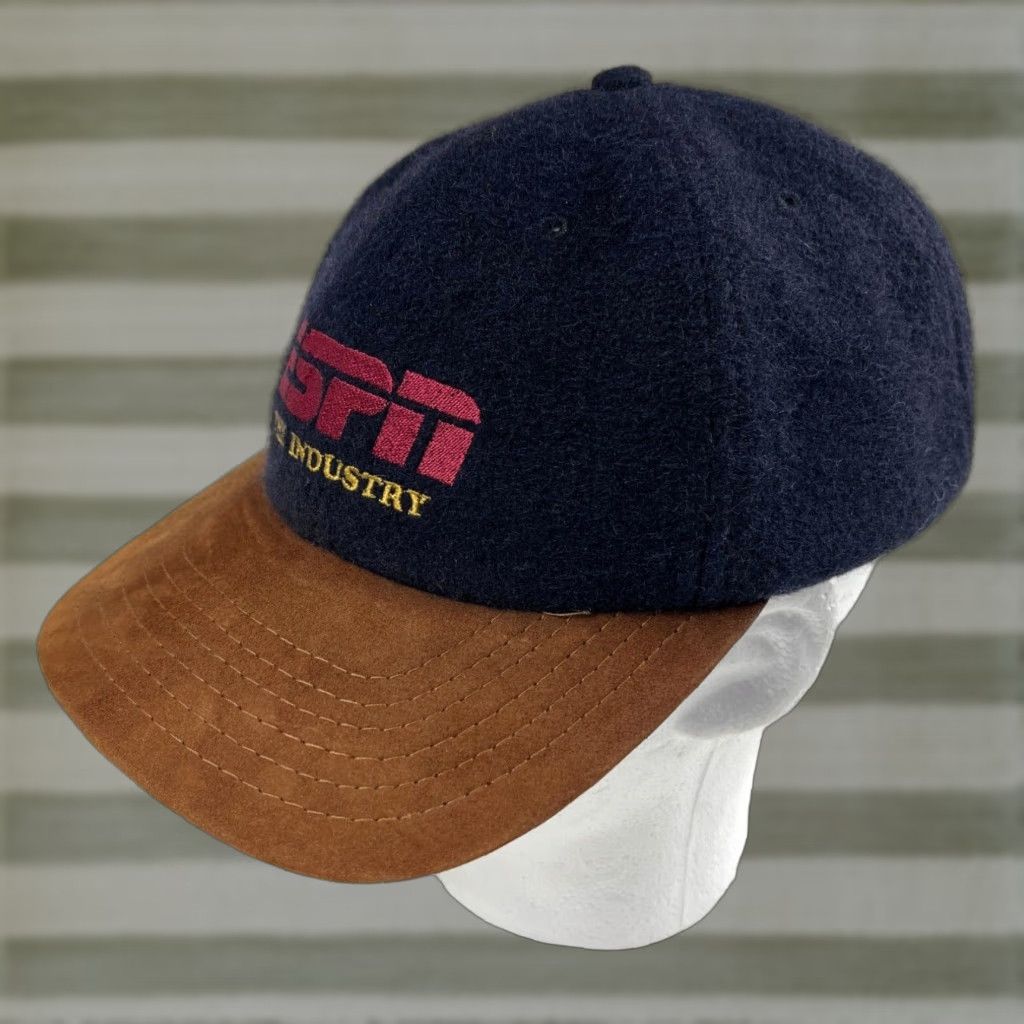 Vintage VINTAGE ESPN The Industry Strapback Hat Suede Brim Made in USA Navy Blue Adult One Size Adjustable Mens 90s Sports Hat Size ONE SIZE - 1 Thumbnail