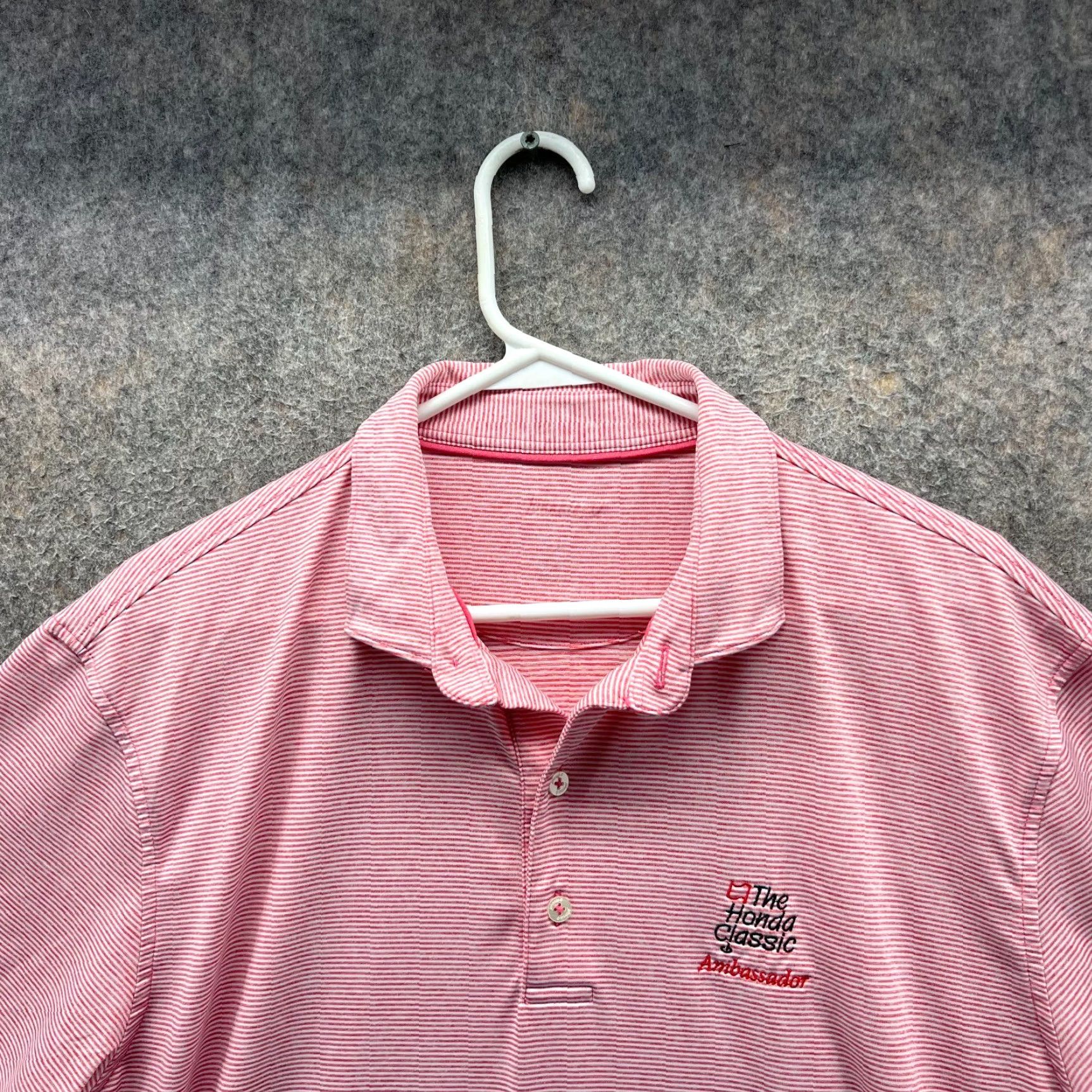 johnnie-O VINTAGE Johnnie-O Polo Shirt Men Large Pink Striped The Honda Classic Lyndon Performance Polo Shirt Mens Large Pink Striped VINTAGE Size US L / EU 52-54 / 3 - 6 Thumbnail