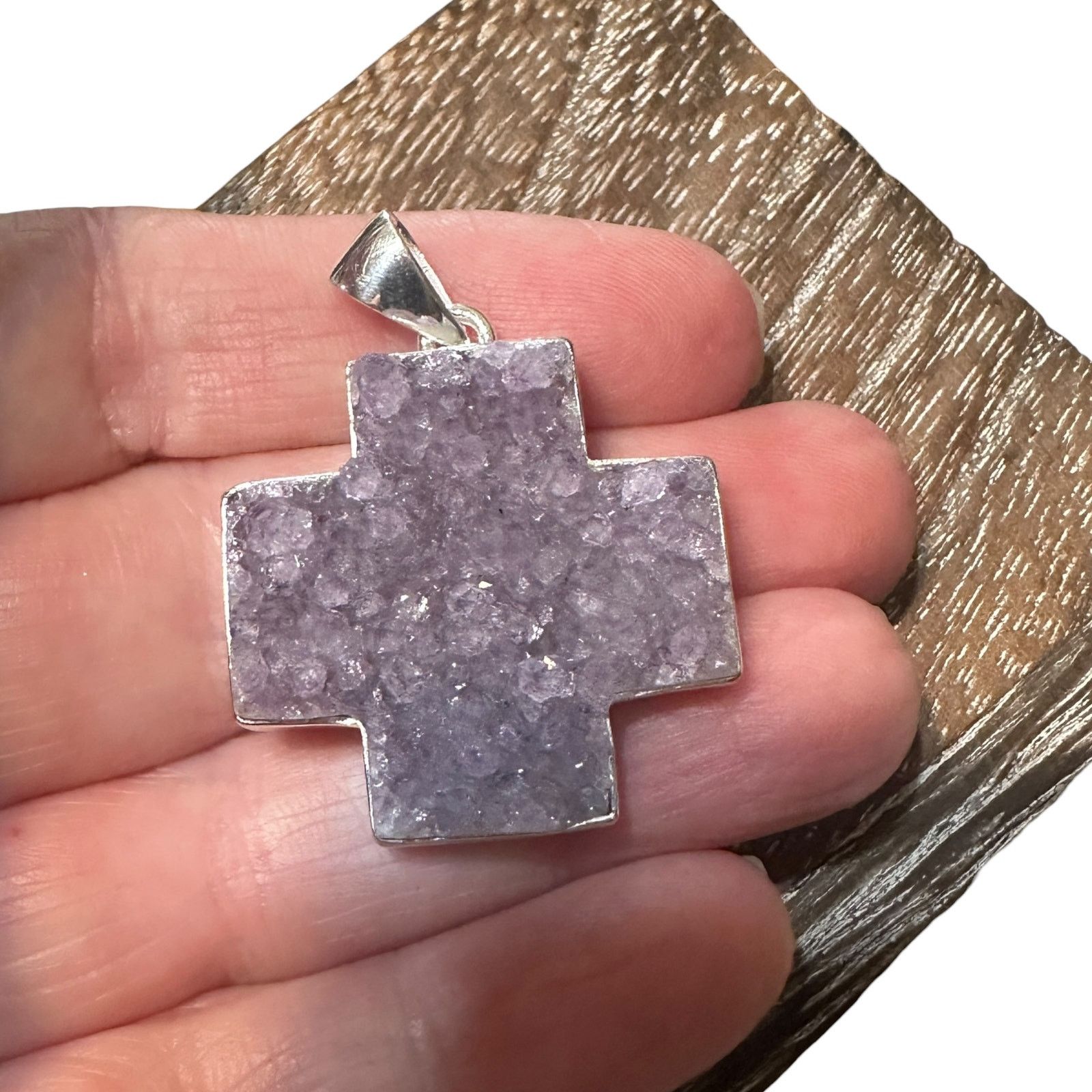 The Unbranded Brand 925 Sterling Silver Amethyst Druzy Cross Pendant Size ONE SIZE - 1 Thumbnail