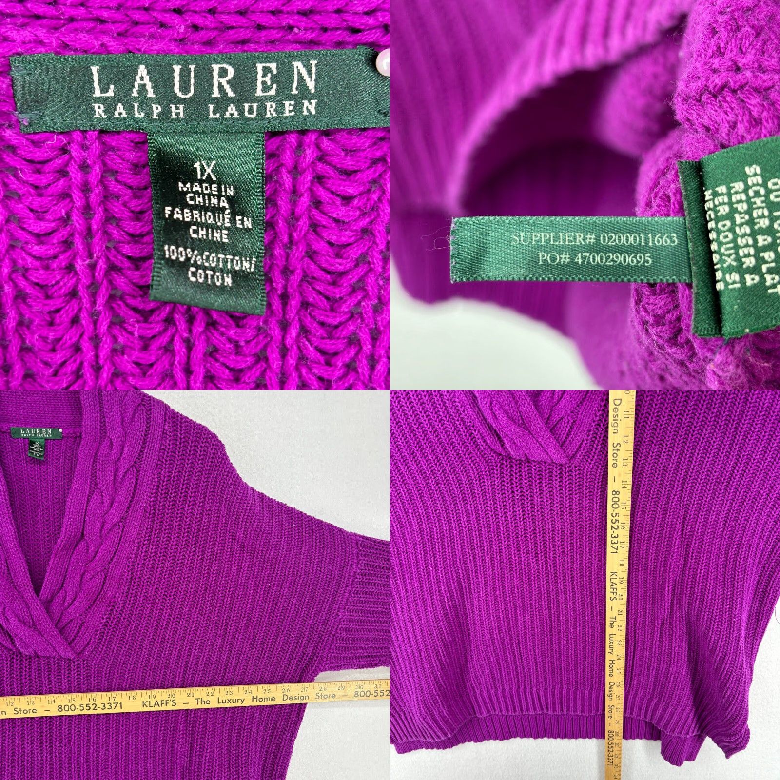 LAUREN RALPH LAUREN Sweater Women 1X Plus Cable Knit V-Neck Cotton Purple Adult Plus Size Pullover Dolman Sleeve Pilling Indicating Purple Womens