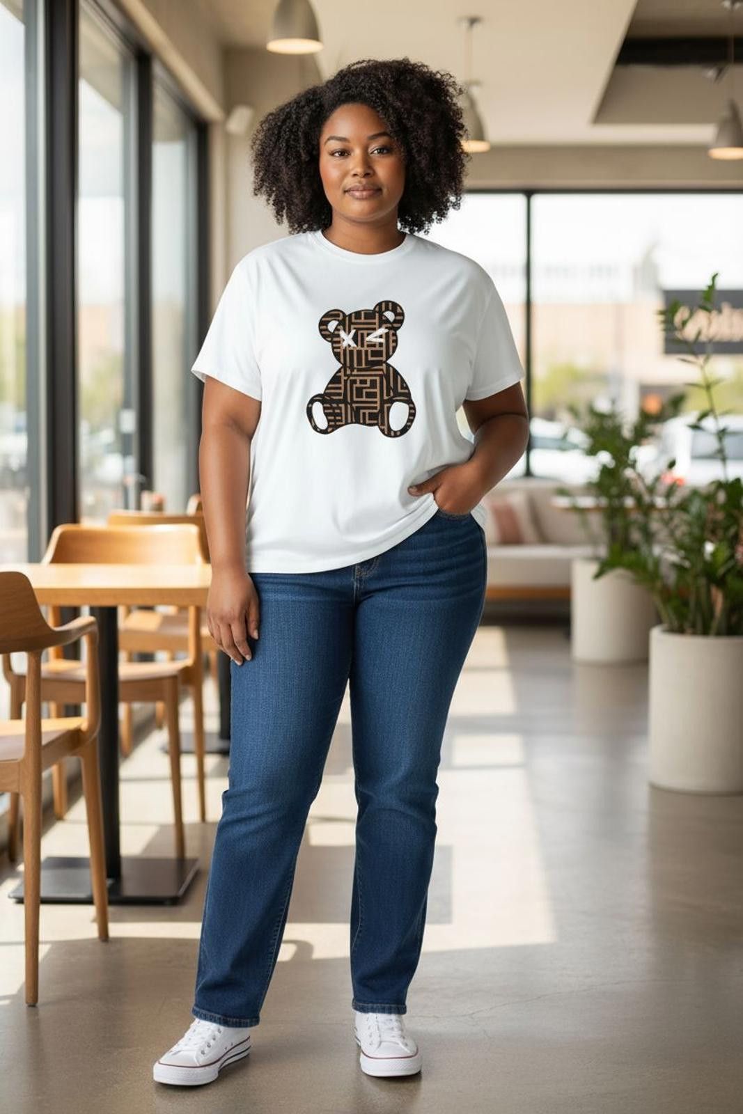 Shein SHEIN White Graphic Bear Print T-Shirt Size US XXL / EU 58 / 5 - 2 Thumbnail