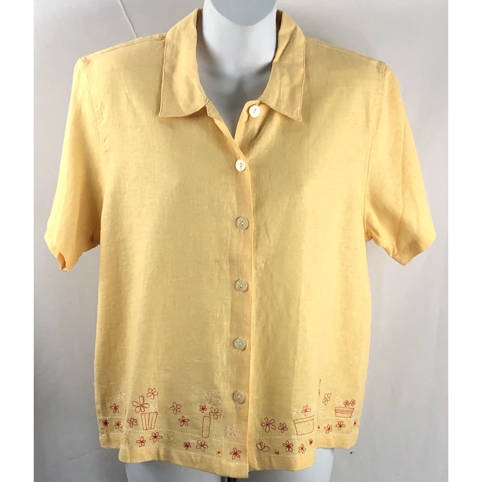 Vintage NWT Christopher Banks Linen Top M Yellow Floral Embroidered ButtonUp CottageCore Shirt Womens Size M / US 6-8 / IT 42-44 - 5 Thumbnail