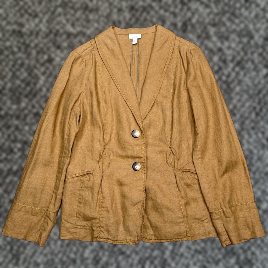 J. Jill J. Jill Blazer Jacket Linen Tan Brown Solid Mid-Length Long Sleeve Button Front Casual Workwear Size S / US 4 / IT 40 - 1 Thumbnail