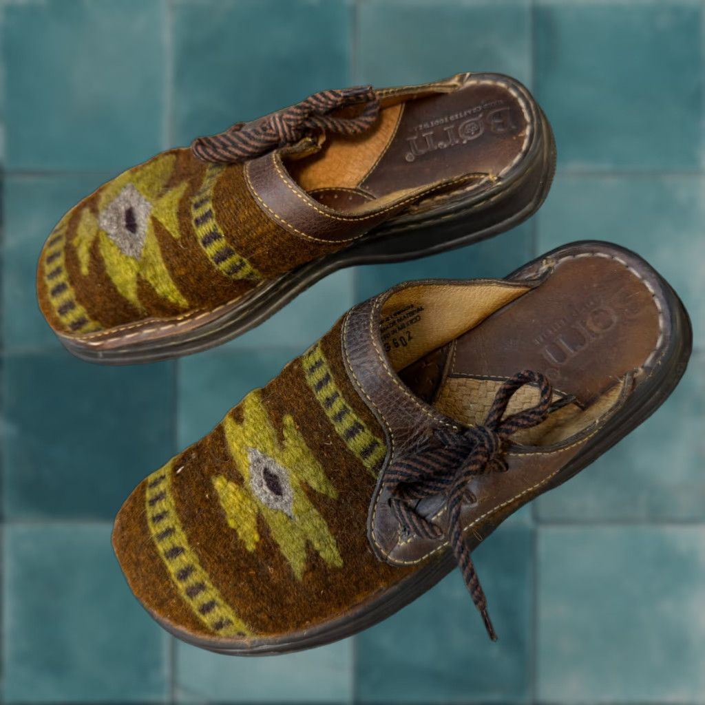 Born VINTAGE Born Clogs Sandals 6 Womens Brown Southwestern Aztec Navajo Slip-On Comfort Womens Shoes Brown Aztec Southwestern 90s? Size US 6 / IT 36 - 1 Thumbnail