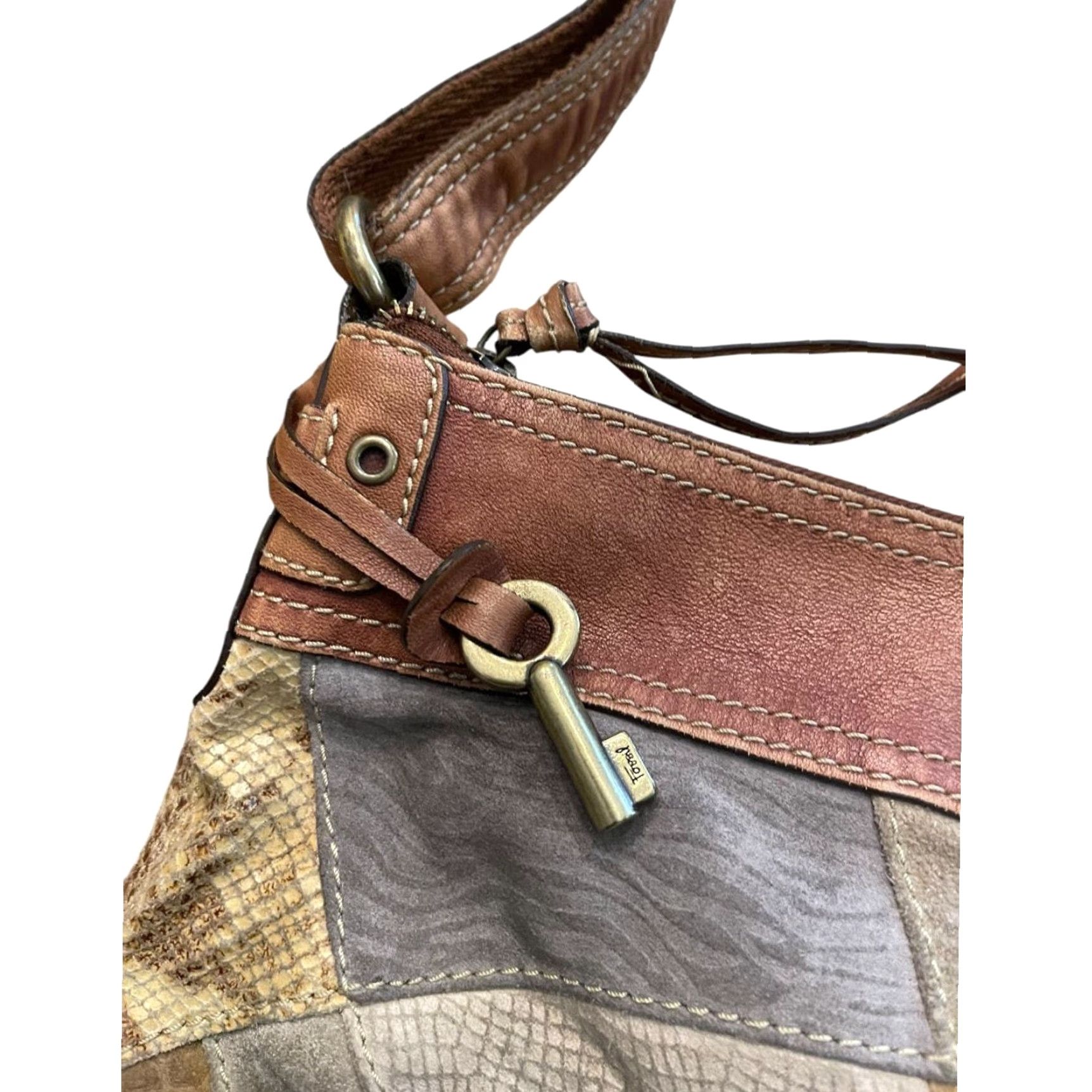 Fossil Fossil Leather Suede Crossbody Purse Boho Patchwork Shoulderbag Women Brown Multicolor Exterior Leather Suede Crossbody Bag 24" Strap Drop Womens Size ONE SIZE - 4 Thumbnail