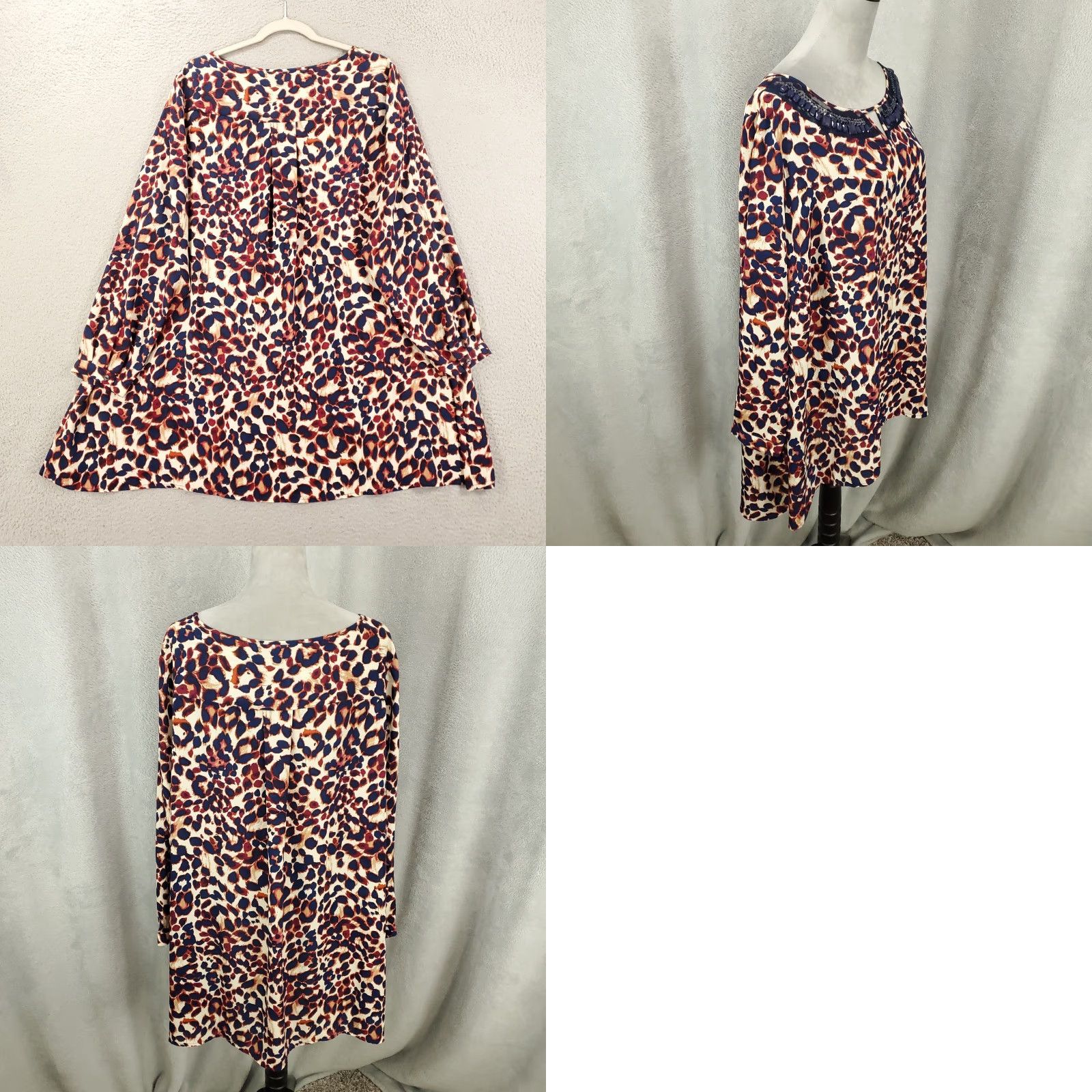 Vintage Susan Graver Blouse Womens 24W Blue Ivory Leopard Studded Gem Neck Tunic Size 4XL / US 24-26 - 8 Thumbnail