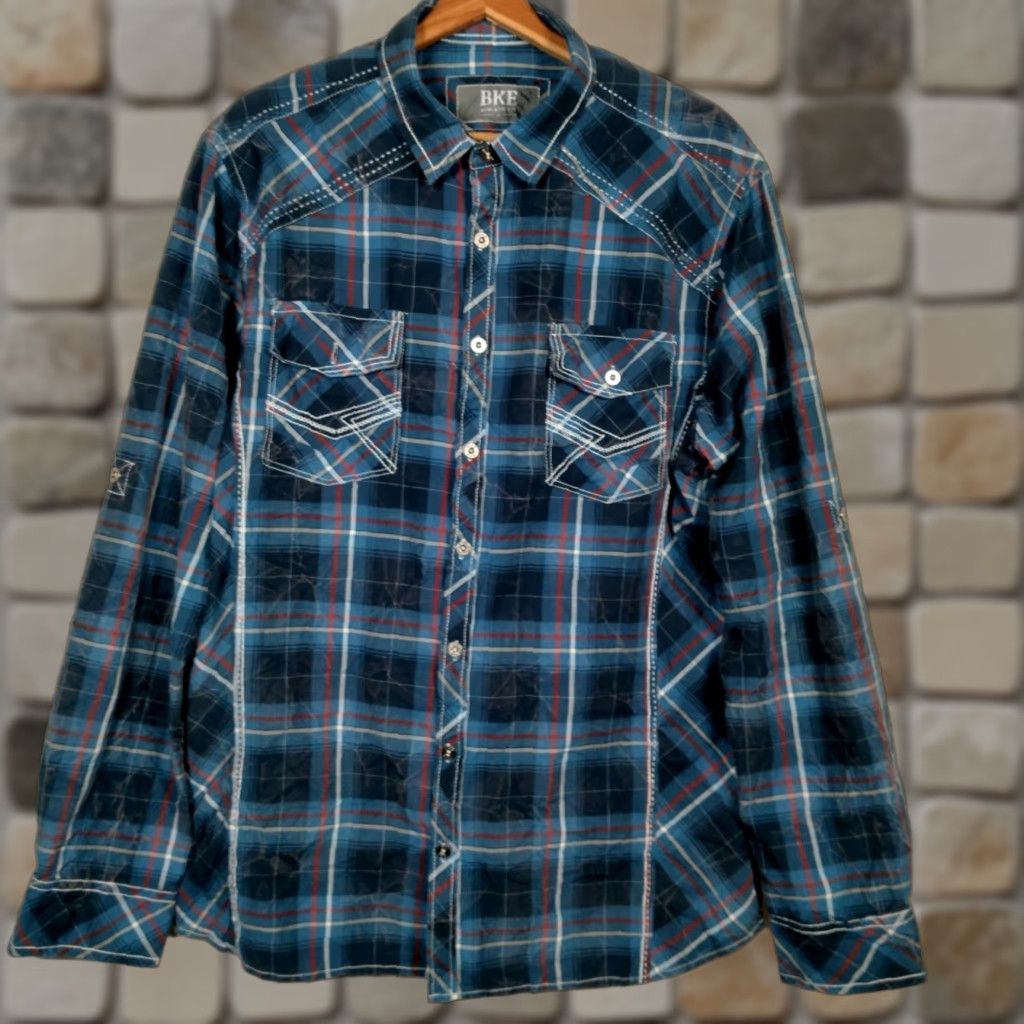BKE BKE Shirt Men L Athletic Blue Plaid Western Distressed Look Long Sleeve Size US L / EU 52-54 / 3 - 1 Thumbnail