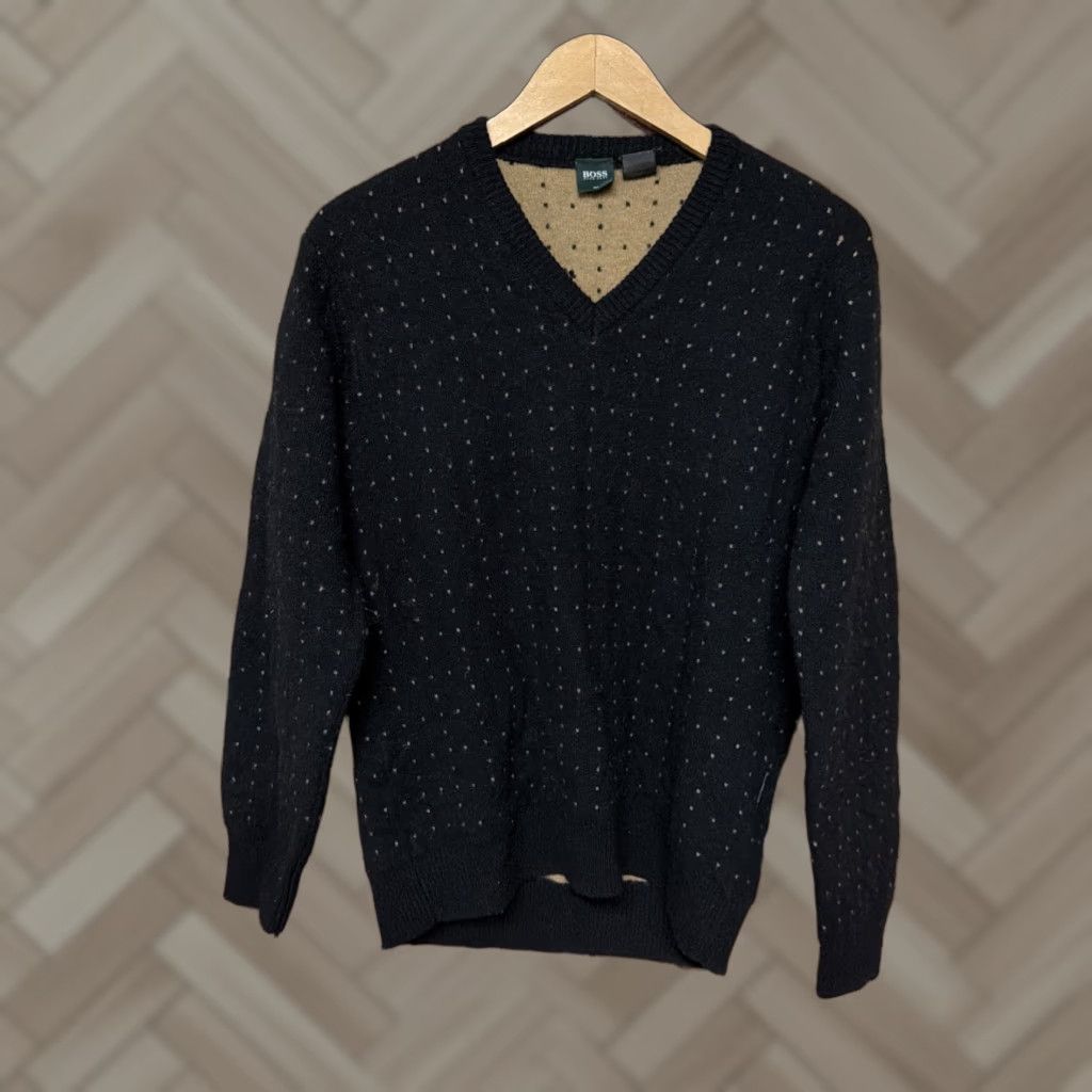 Hugo Boss HUGO BOSS Men’s Blue Polka Dot Knit Merino Wool Crew Neck Sweater - Regular L, Brown Accent, Golf, Vintage No, Italy Size US L / EU 52-54 / 3 - 1 Thumbnail