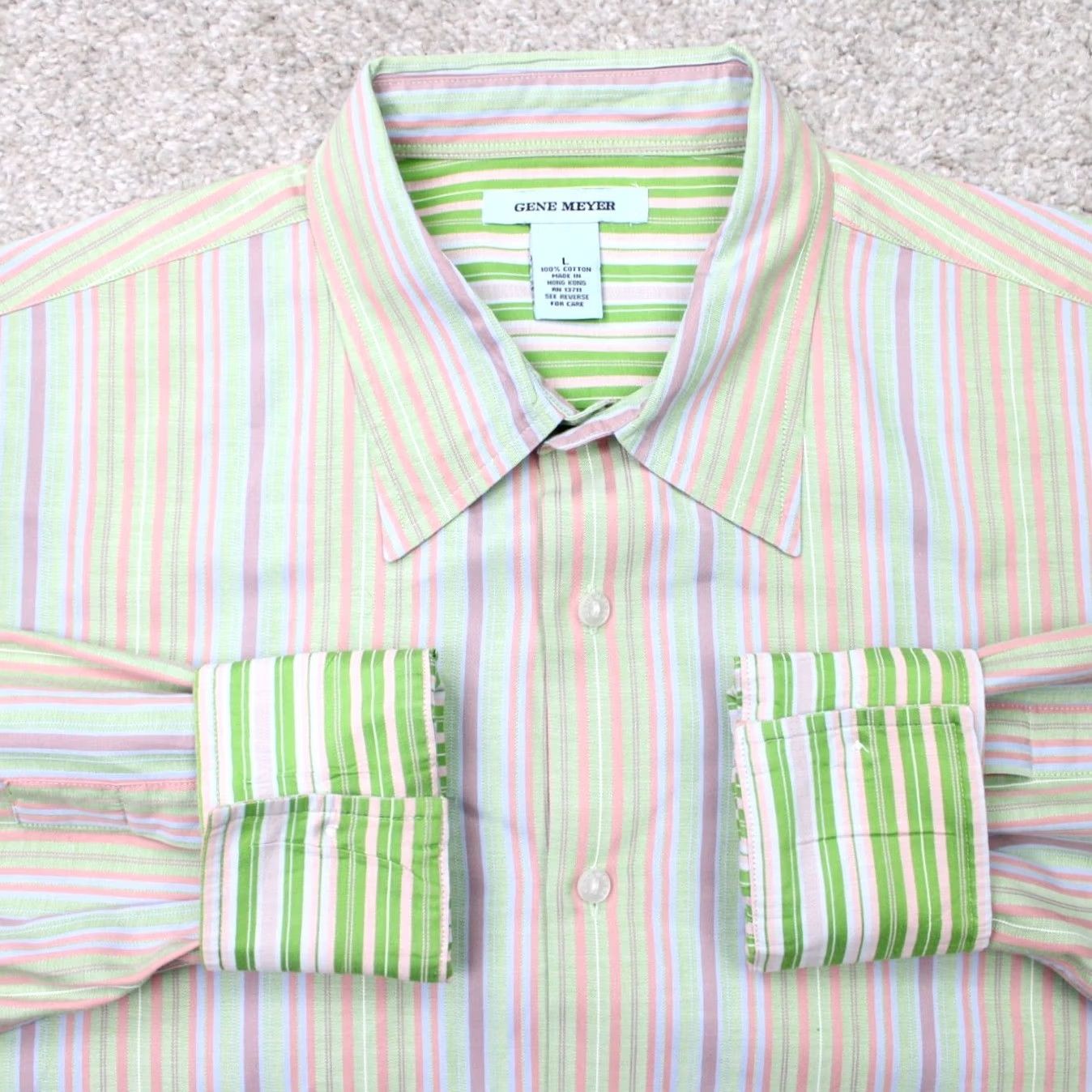 Vintage Gene Meyer Shirt Mens Large Green/Orange/Purple Striped Cotton Button-Up L/S Size US L / EU 52-54 / 3 - 2 Thumbnail