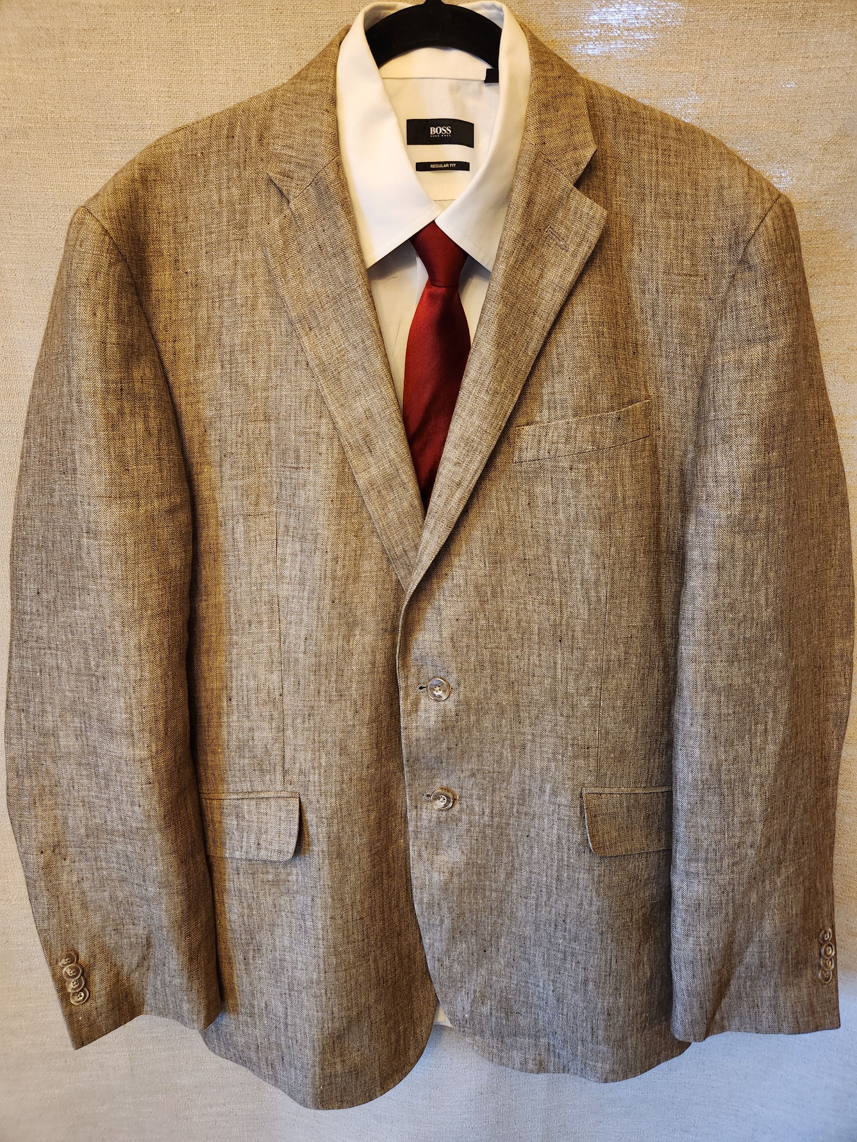 Jos. A. Bank 100% Linen Subtle Herringbone Beige 2 Button Blazer Sz 43R. Size 44R - 1 Thumbnail