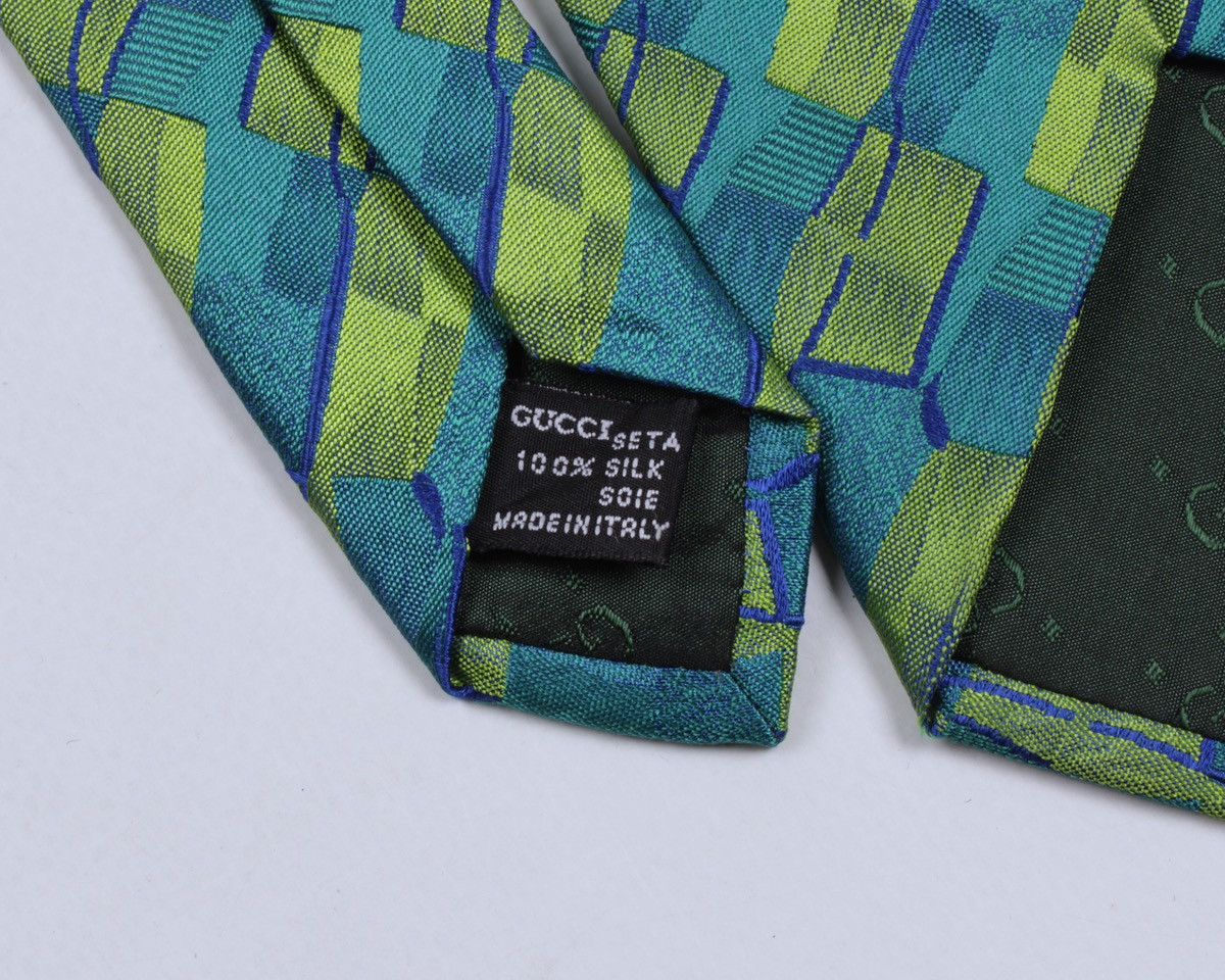 Designer × Gucci × Vintage GUCCI Vintage Geometric Monogram Logo GG Green Silk Tie Size ONE SIZE - 10 Thumbnail