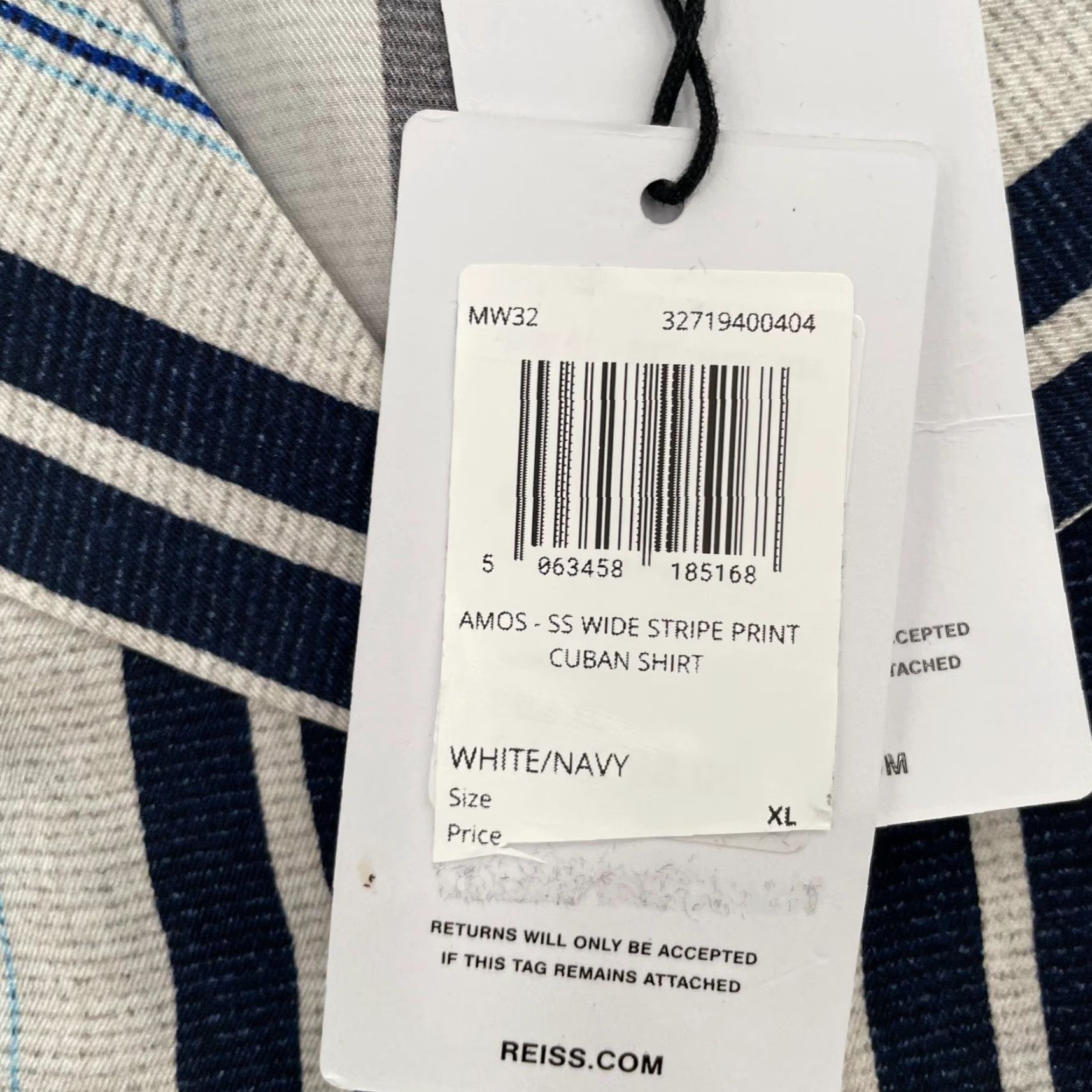 Reiss Reiss Shirt Adult XL White Navy Button Up Short Sleeve Wide Stripe Print Cuban Size US XL / EU 56 / 4 - 4 Thumbnail