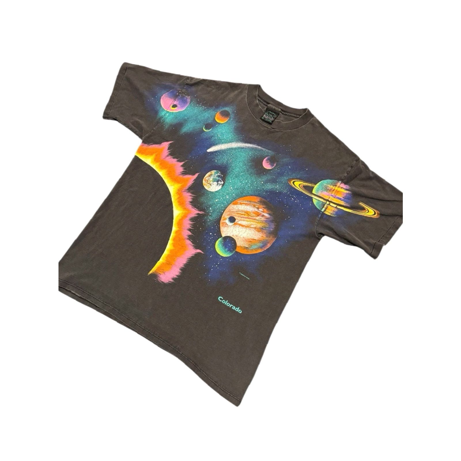 Vintage VINTAGE 90s SPACE PLANETS T SHIRT AOP SINGLE STITCH BLACK XL MADE IN USA BLUE Size US XL / EU 56 / 4 - 4 Thumbnail