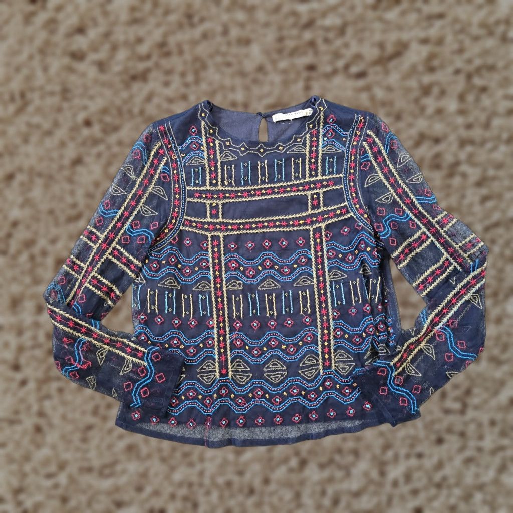 Zara Zara Blouse Womens Size Small Blue Embroidered Beaded Turquoise Boho Casual Shirt Size S / US 4 / IT 40 - 1 Thumbnail