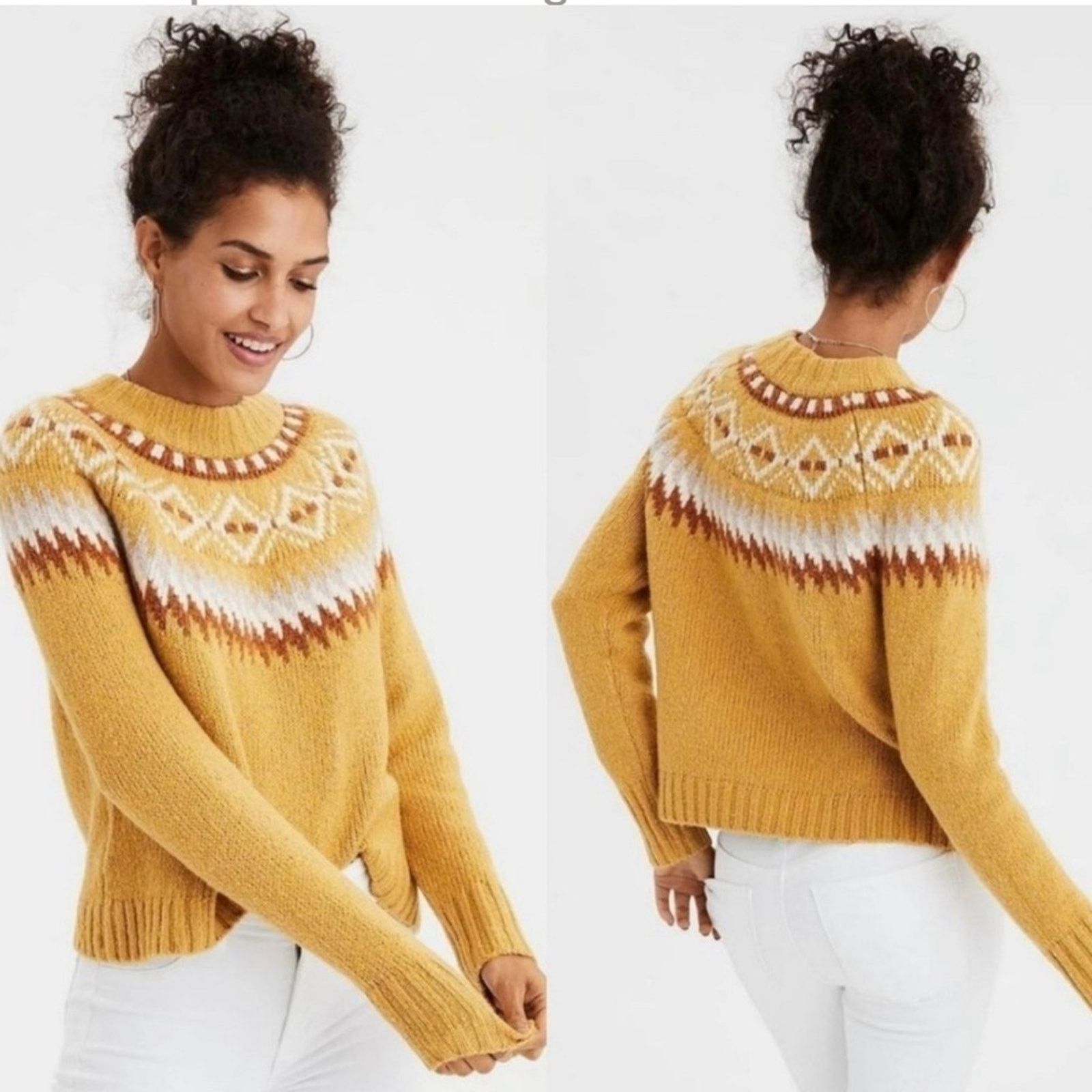 American Eagle Outfitters American Eagle mock neck fair isle mustard plush sweater Size S / US 4 / IT 40 - 1 Thumbnail