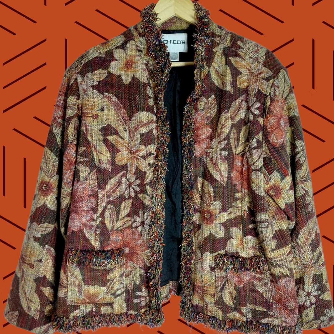 Vintage Chico's Floral Jacket Brown Silk Blend Long Sleeve Women 3 Fringe Layered Lightweight Woven Vintage No Size XS / US 0-2 / IT 36-38 - 1 Thumbnail