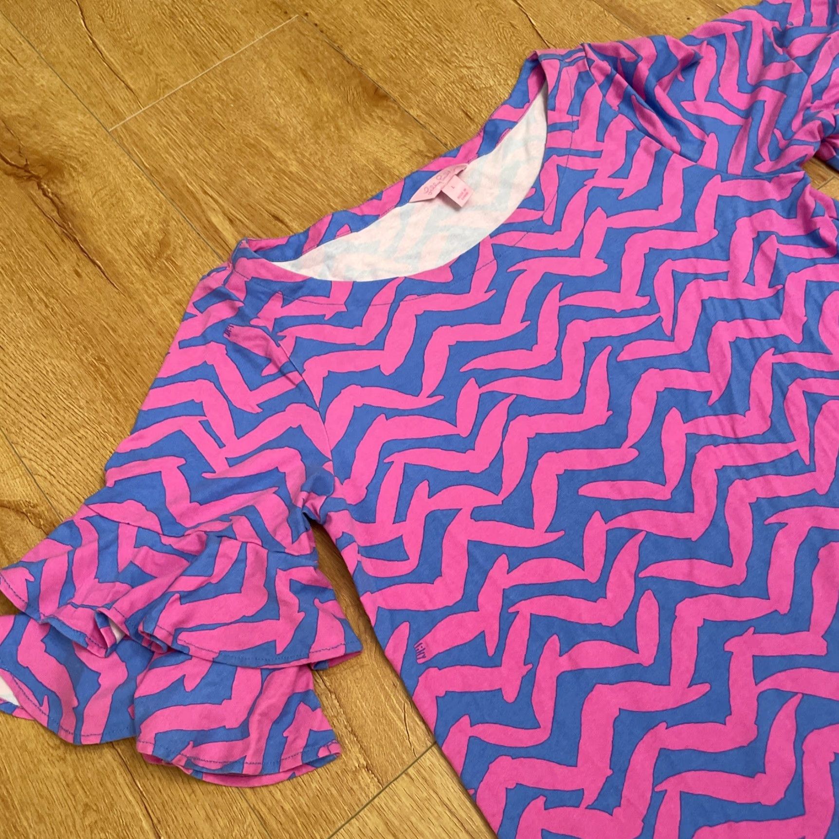 Lilly Pulitzer Lilly Pulitzer Lula Dress Bennet Pink Blue Pop Up I Got Lucky Large Ruffle Dress Short Sleeve Crew Neck Women L Beach Resort Preppy Size L / US 10 / IT 46 - 3 Thumbnail