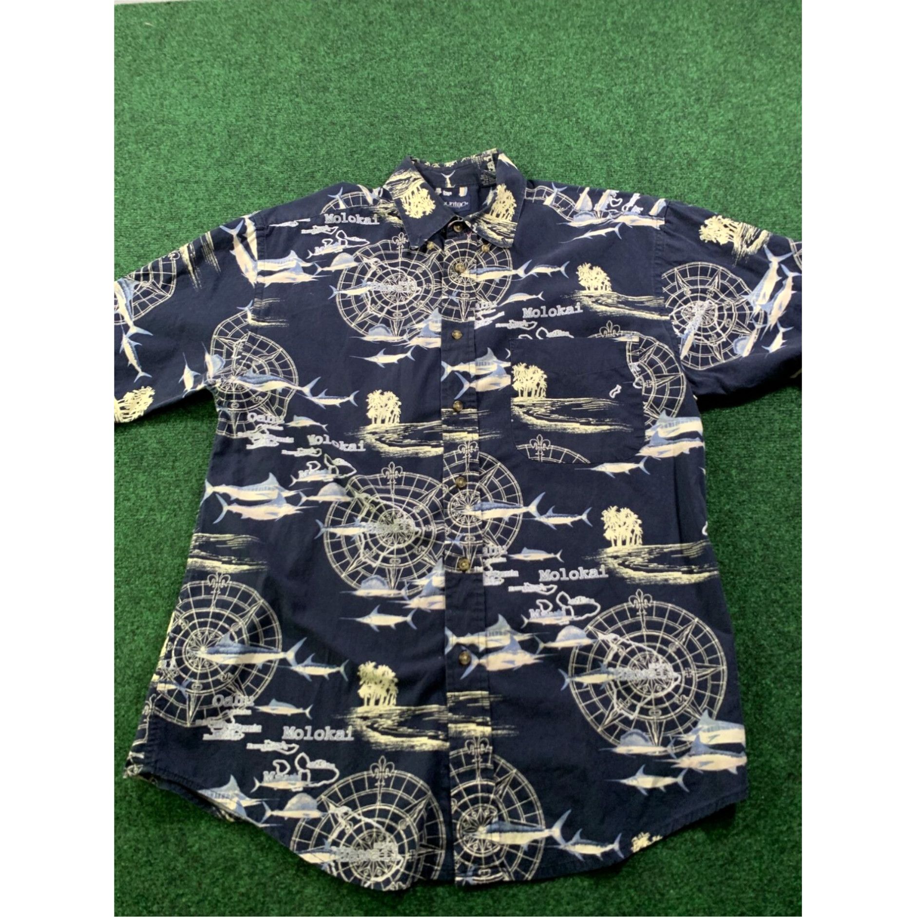 Vintage Puritan Mens Hawaiian Shirt Size M Navy Blue Marlin Sea Map Compass Size US M / EU 48-50 / 2 - 6 Thumbnail