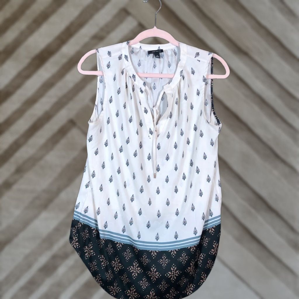 Ann Taylor VINTAGE Ann Taylor Womens Blouse White Multi Sleeveless Tank V Neck Front Tie Medium Size M / US 6-8 / IT 42-44 - 1 Thumbnail