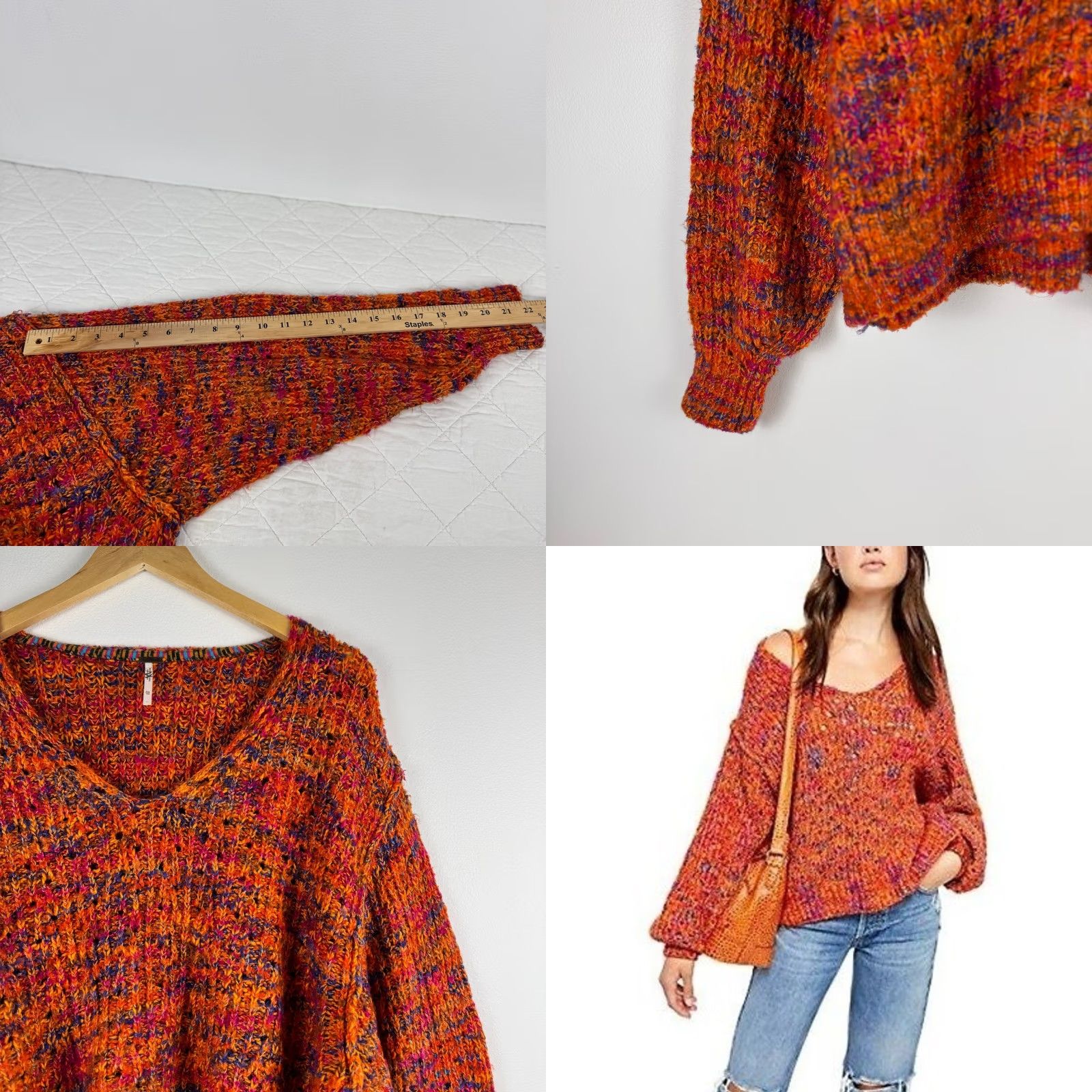 Free People Free People Highland V-Neck Sweater Orange Multi Space Dye Chunky Knit XS Size XS / US 0-2 / IT 36-38 - 8 Thumbnail