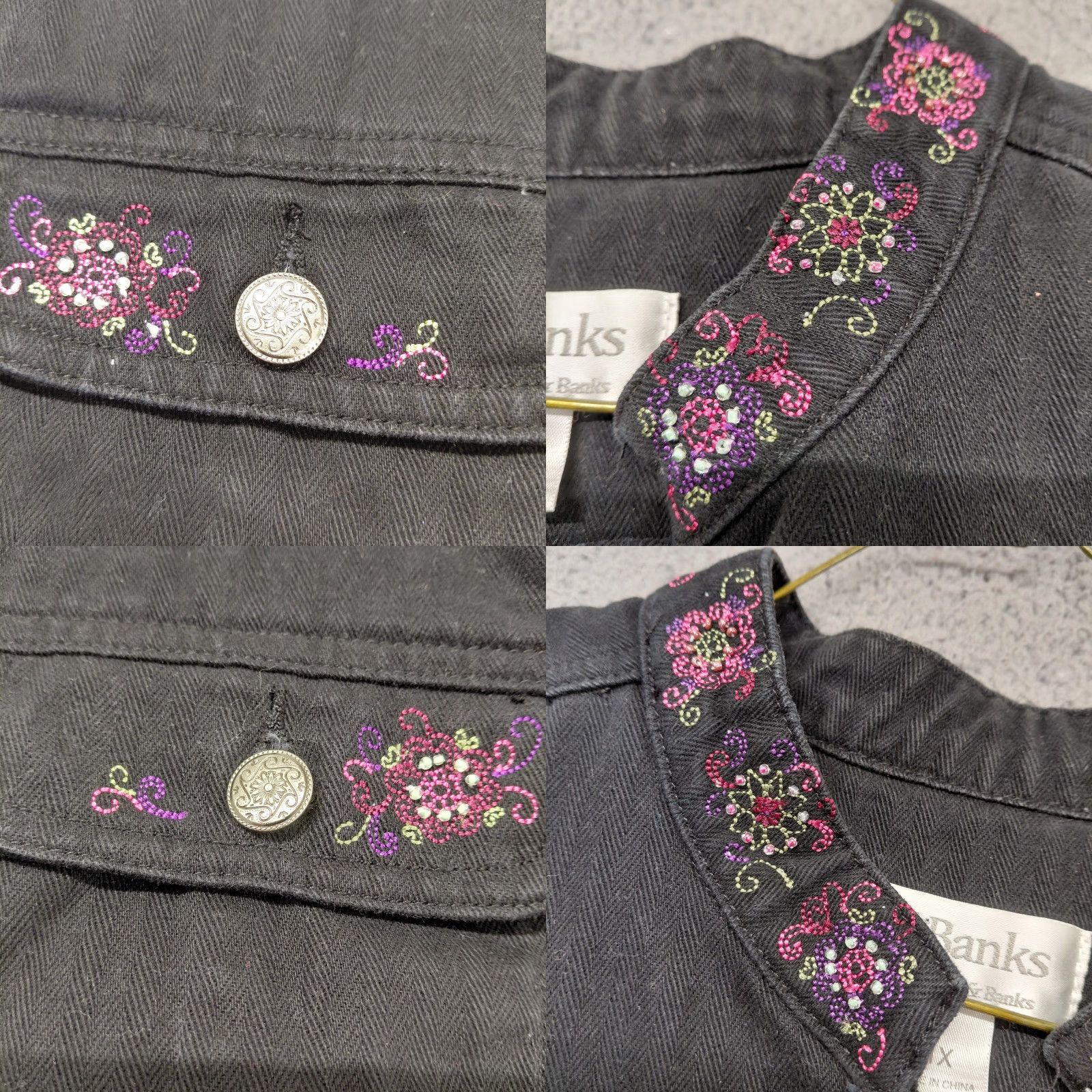 Vintage C.J. Banks Jean Vest Womens Size 1X Black Denim Embroidered Beaded Floral Design Shirt Vest Women Plus Size 1X Floral Size 40" / US 18 - 8 Thumbnail
