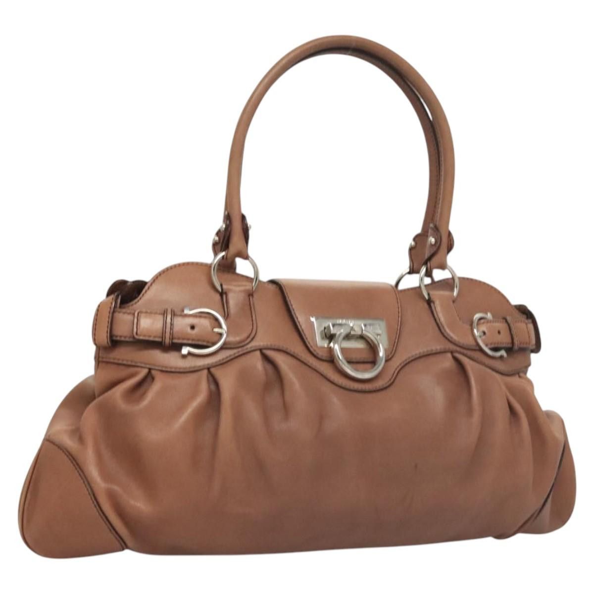 Salvatore Ferragamo Gancini Shoulder Bag Leather Beige Silver Auth Sw460 in Beige/Silver, Women's