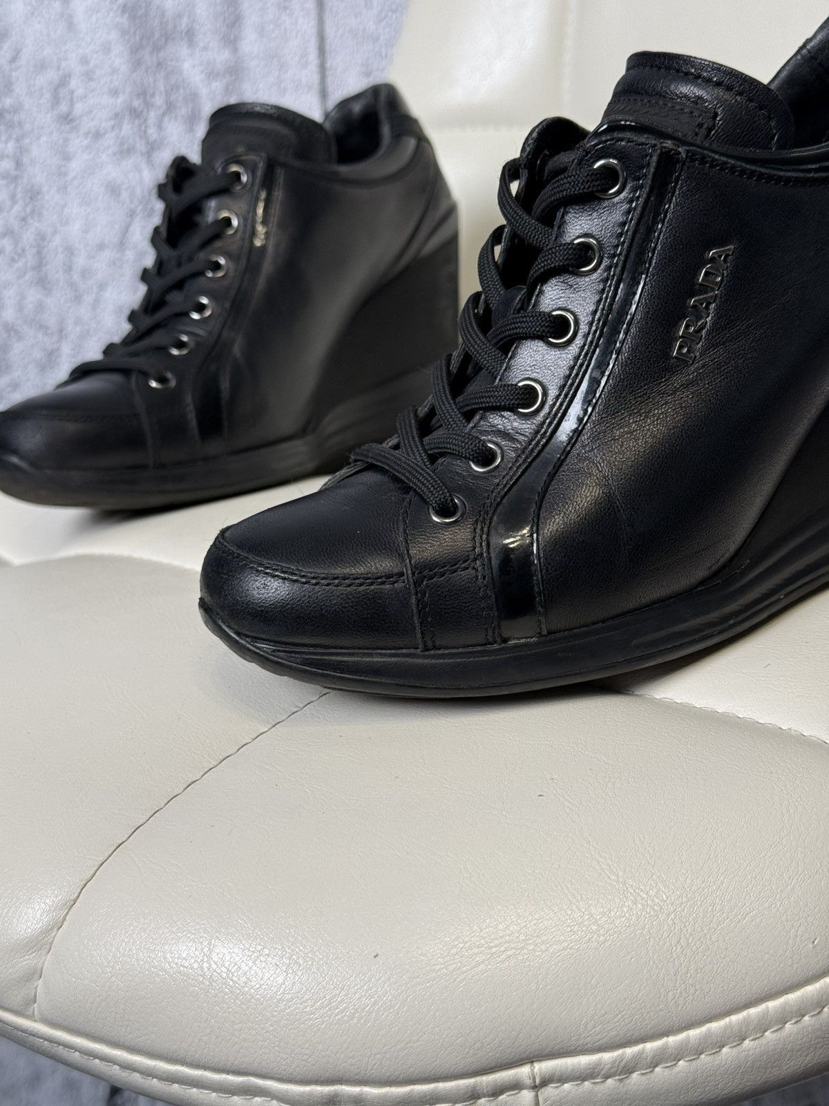 Prada PRADA Wedge Sneakers Black Leather Womens Platform Shoes Size US 6.5 / IT 36.5 - 3 Thumbnail