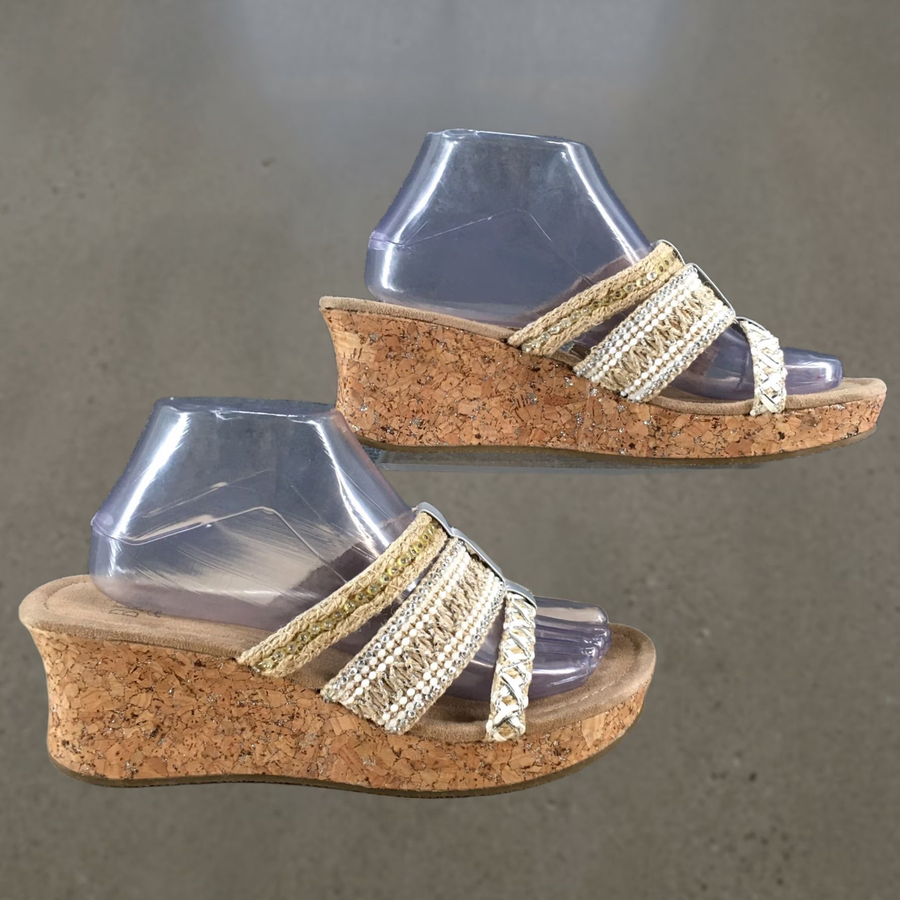 Vintage BKE Sole Sandals Women 9 Tan Loud Beaded Braided Cork Wedge Platform Summer Sandals Size US 9 / IT 39 - 1 Thumbnail
