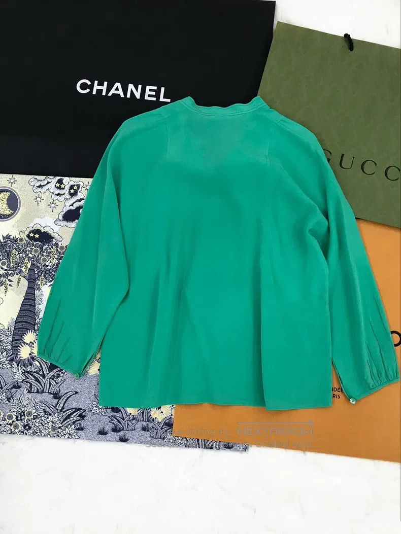 Hermes Hermes Green Silk Tie-Waist Shirt Top Size XXS / US 00 / IT 34 - 2 Thumbnail