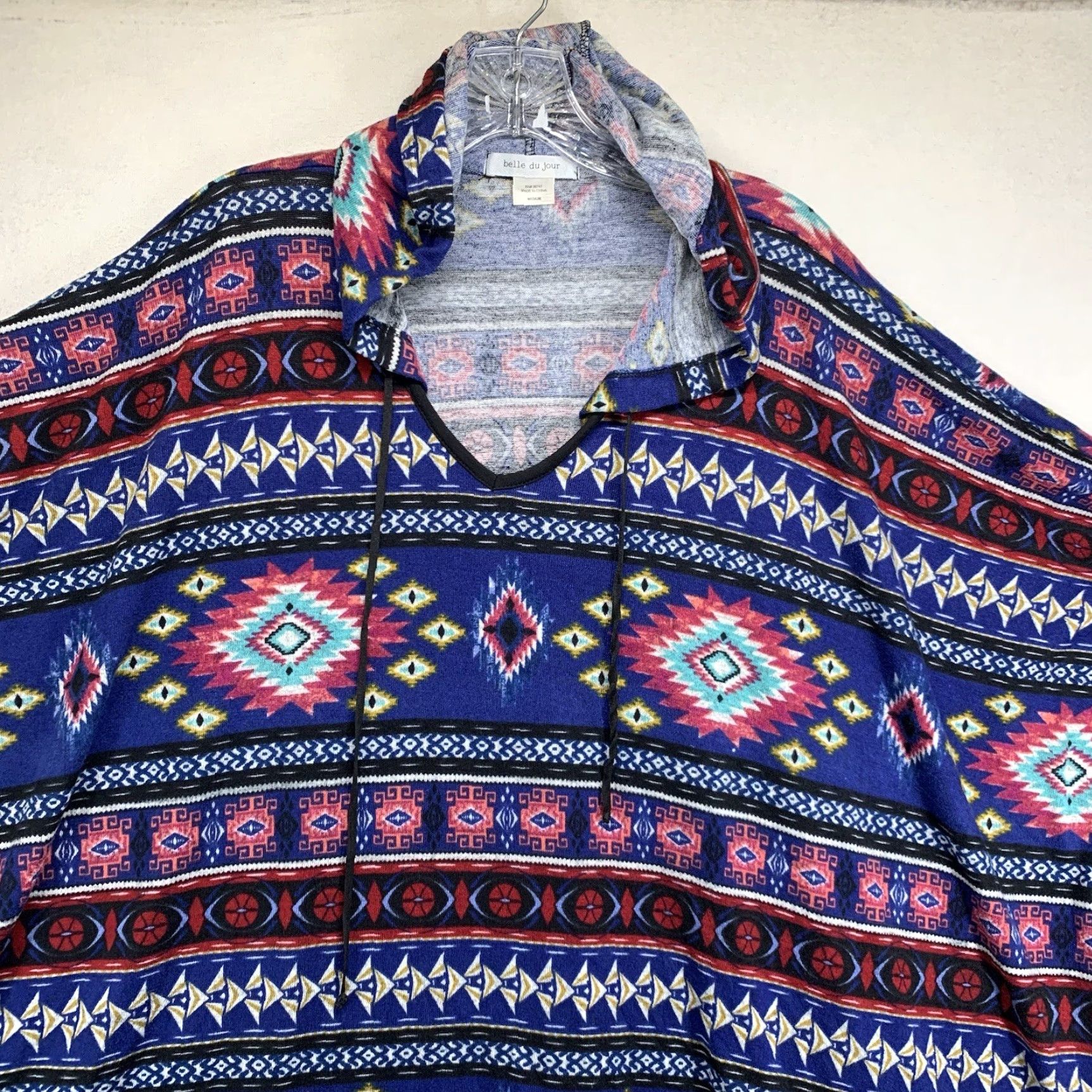 Vintage Woman’s Beach Pancho Hoodie All Over Tribal Print Lightweight Medium Beach Ready Size M / US 6-8 / IT 42-44 - 3 Thumbnail