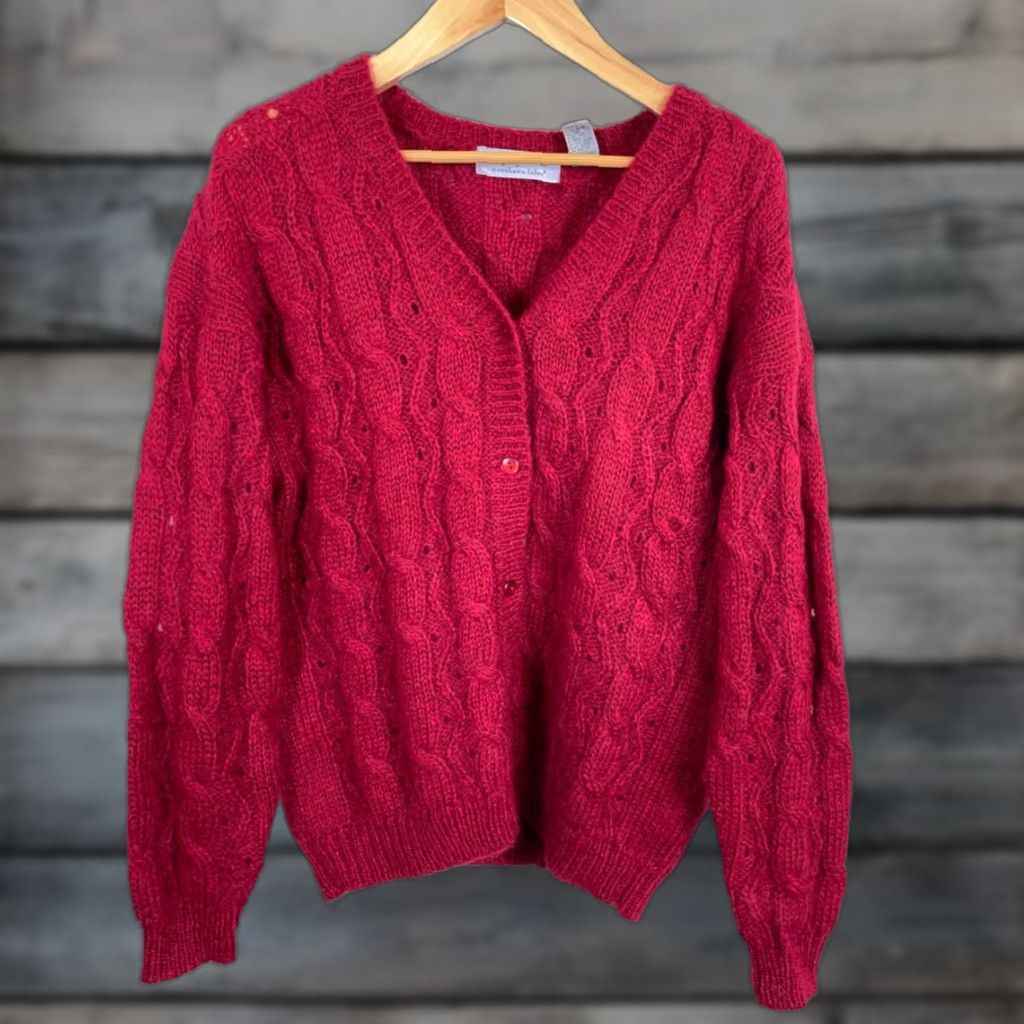 Vintage VINTAGE Northern Isles Cardigan Women's Large Red Mohair-Blend Chunky Knit Cardigan Crew Neck 90s Retro Size L / US 10 / IT 46 - 1 Thumbnail