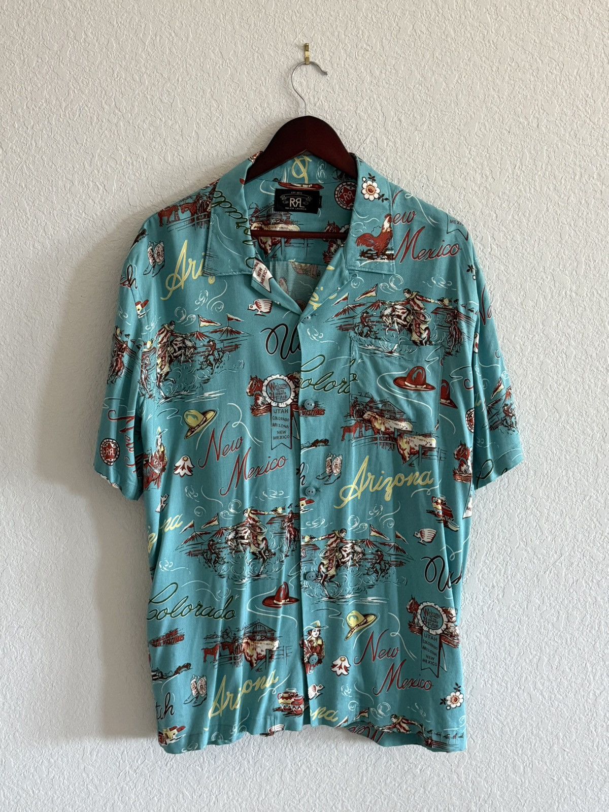 RRL “4-Corners” Teal Western Rayon Shirt Sz:XL
