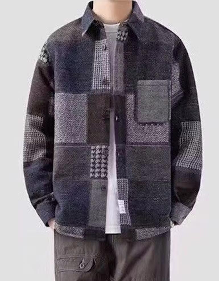 image of Retro Jacket Patchwork Shirt Jacket in Blue, Men's (Size Medium)