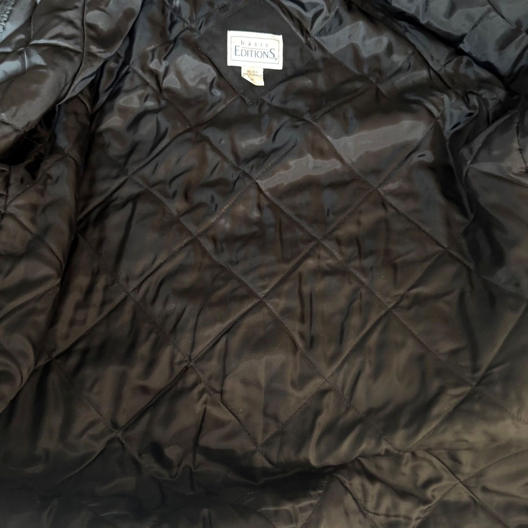 Basic Editions VINTAGE Basic Editions Parka Jacket XL Black Quilted Lined Removable Hood Utility Chevron Embroidered Zipper Button Drawstring Pockets Mid-Length Size XL / US 12-14 / IT 48-50 - 7 Thumbnail