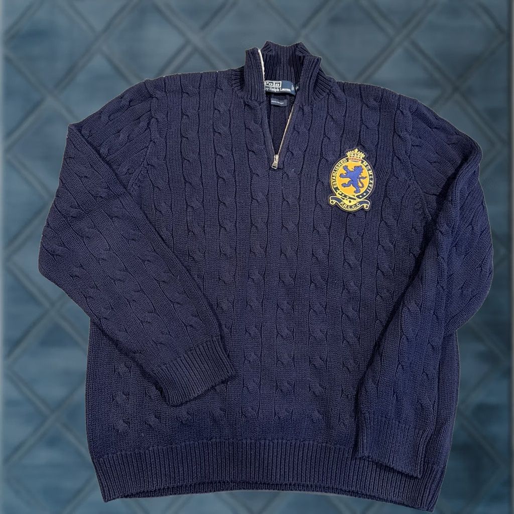 Polo Ralph Lauren VINTAGE Polo Ralph Lauren Navy Cable Knit Quarter Zip Sweater Big Patch XL Men Knit Sweater Size US XL / EU 56 / 4 - 1 Thumbnail
