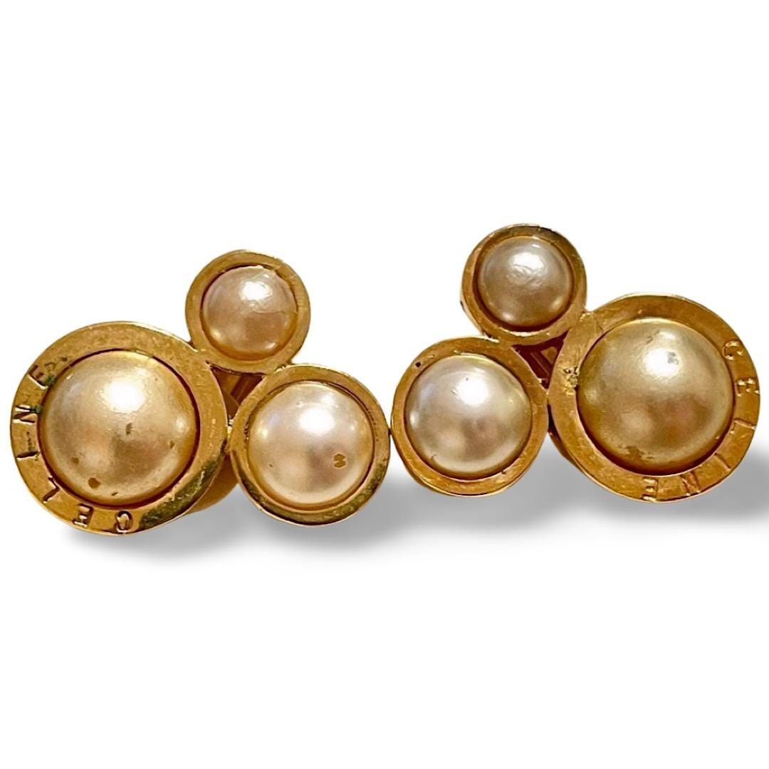 Celine Vintage Celine golden 3 round frame faux pearl earrings Size ONE SIZE - 5 Thumbnail