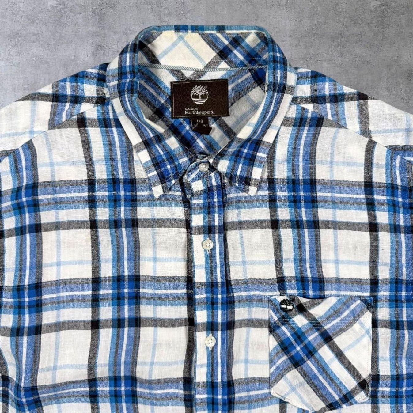 Timberland Timberland Earthkeepers Regular Fit Shirt Check Linen Short Sleeve Blue White Large Mens Button-Up Collared 100% Linen Size US L / EU 52-54 / 3 - 5 Thumbnail