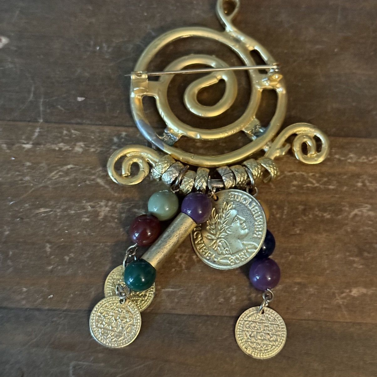 Vintage Vintage gold tone swirly brooch w/dangling beads and coins Size ONE SIZE - 3 Thumbnail