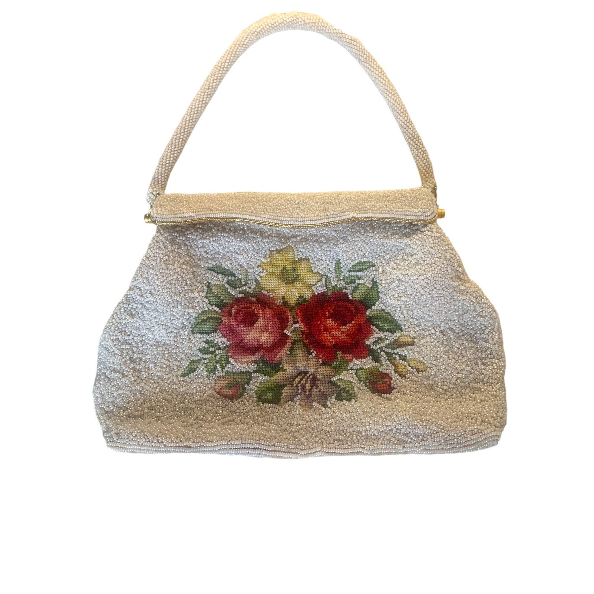image of Vintage Needlepoint Roses Beaded Handbag Magnetic Closure And Inner in Ivory Pink, Women's