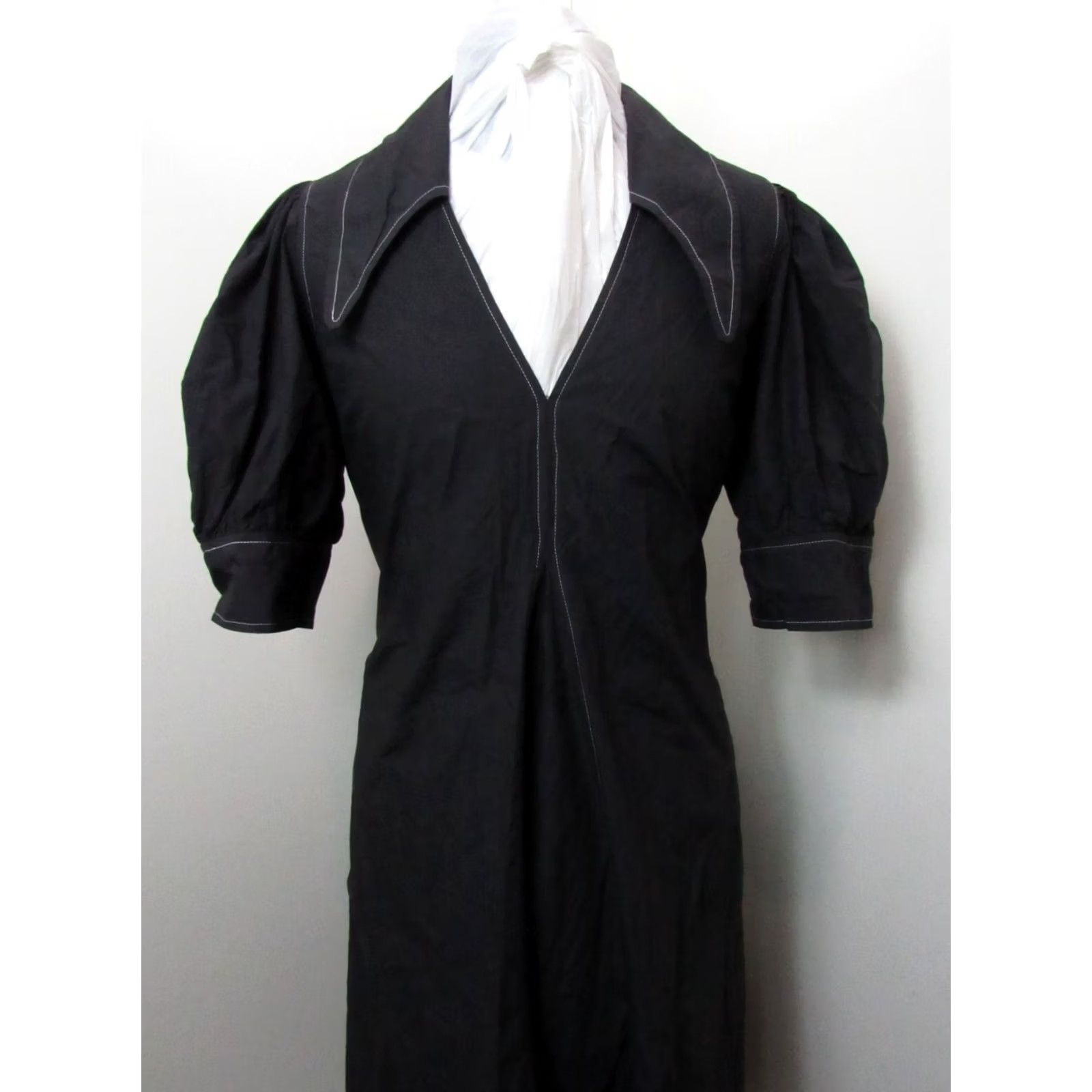 Ganni GANNI Dress Midi Black White Stitching Puff Sleeve V-Neck Pullover Large Women Regular Dress Size L / US 10 / IT 46 - 6 Thumbnail