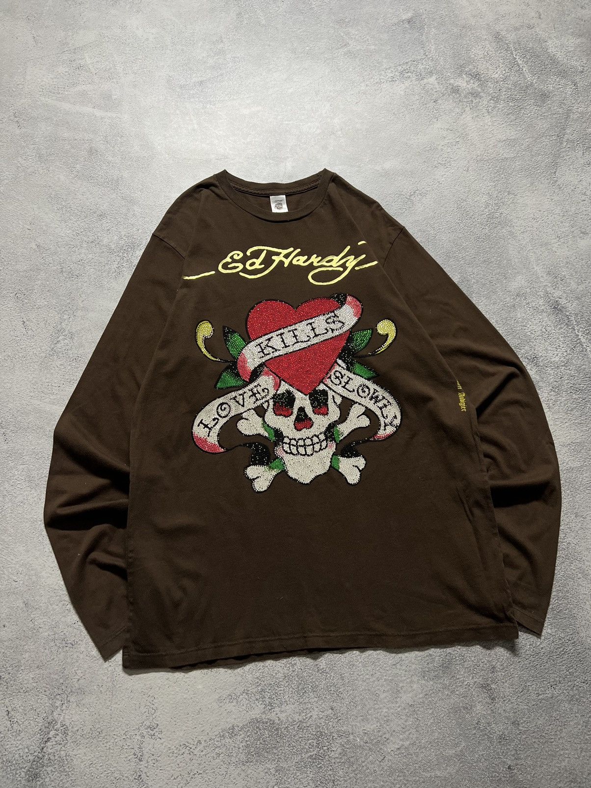 Ed Hardy Vintage Y2k Ed Hardy Brown 🤎 Skull☠️ Crazy Long Sleeve 00’s Size US L / EU 52-54 / 3 - 3 Thumbnail
